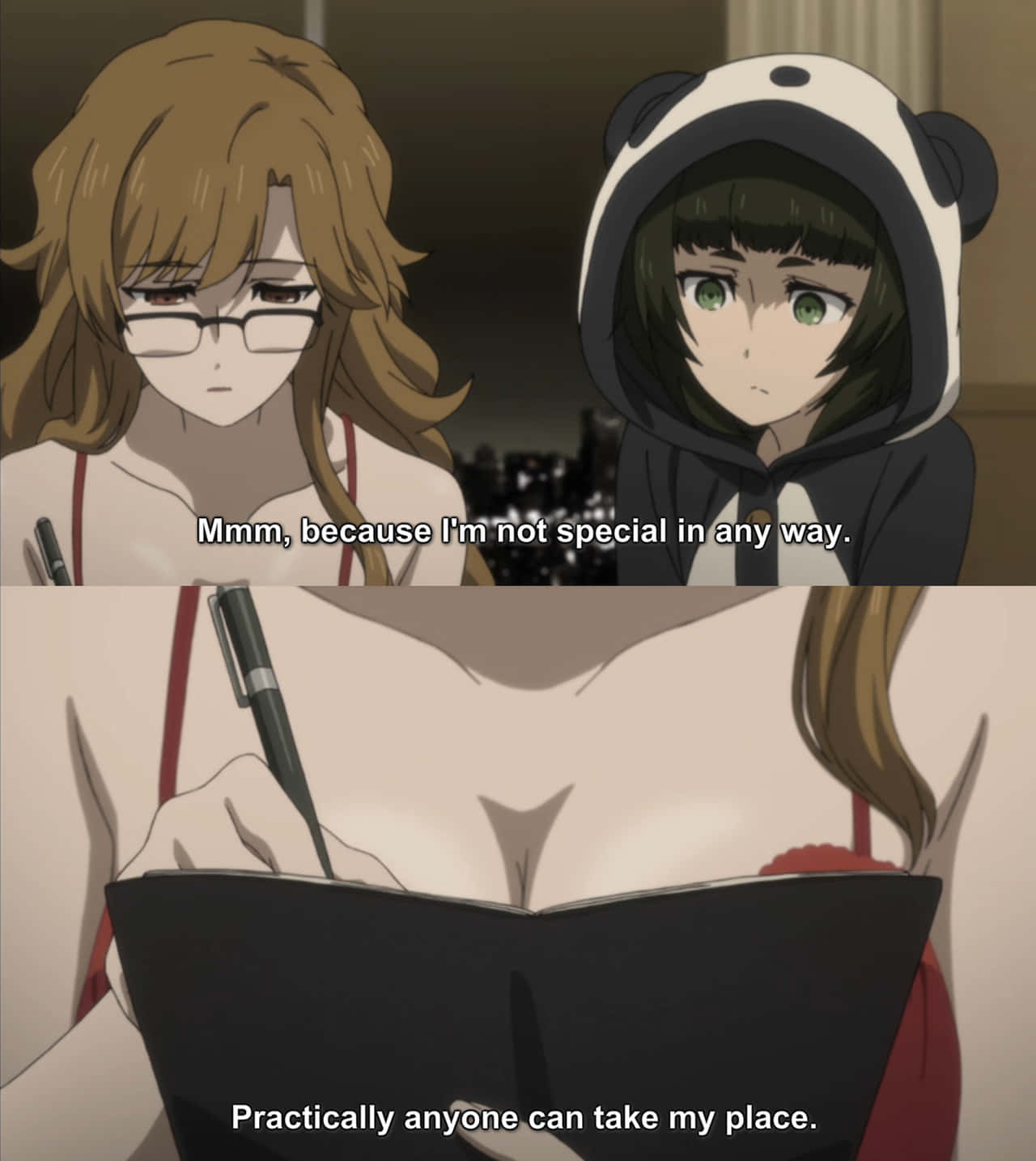 Moeka Kiryu 桌布 壁紙 — 兩個動漫女孩，一個穿著熊貓連帽衫，另一個戴著眼鏡，坐在室內，其中一個用筆在筆記本上寫字。