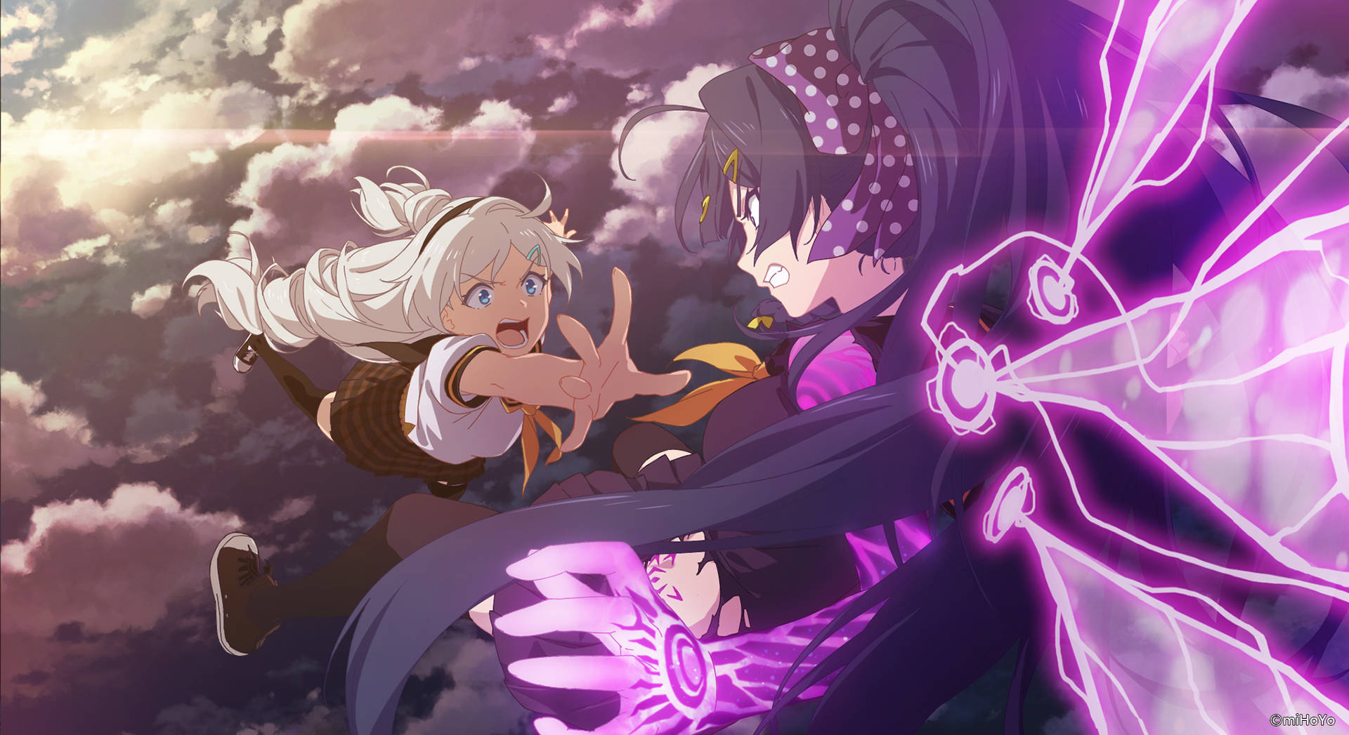 兩個動漫女孩帶著紫色魔法能量飛過雲層。 — 崩壞：星穹鐵道 壁紙