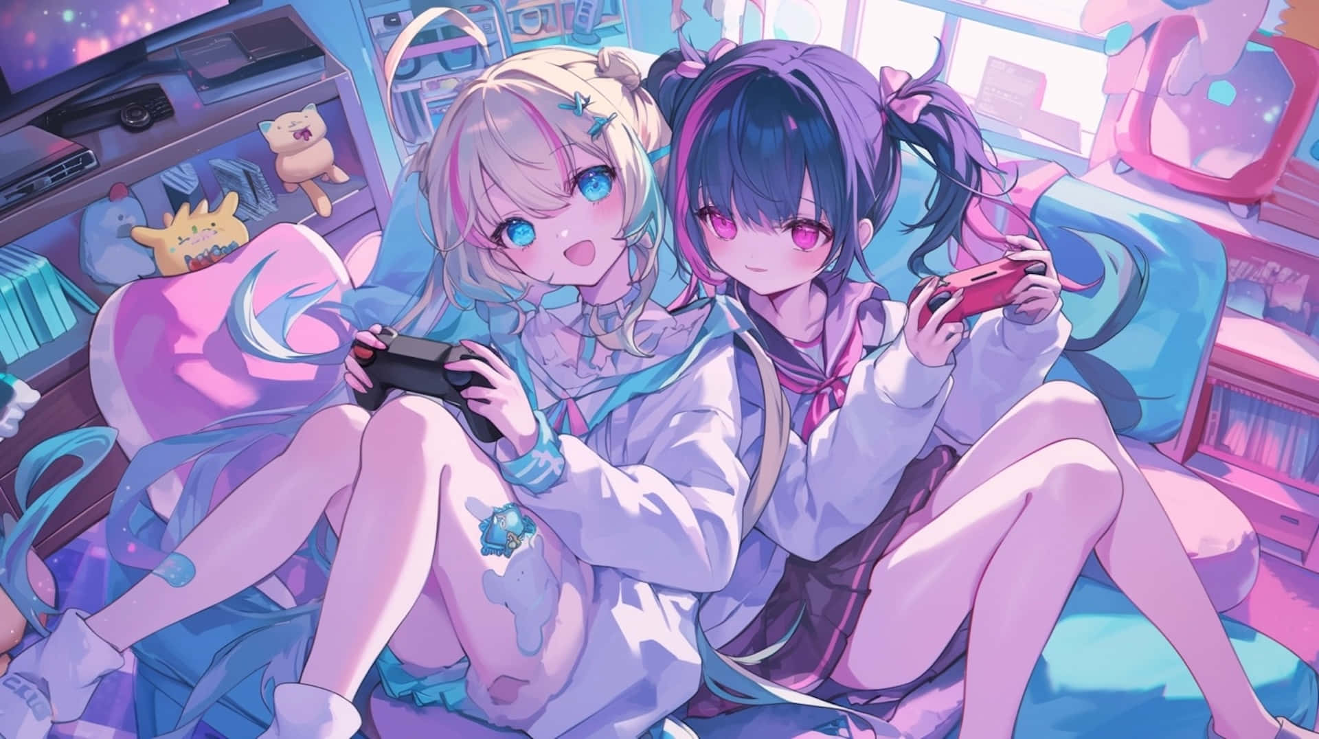 Needy Streamer Overload 桌布 壁紙 — 兩位眼睛發光的動漫女孩坐在色彩繽紛的房間的沙發上一起玩電子遊戲。