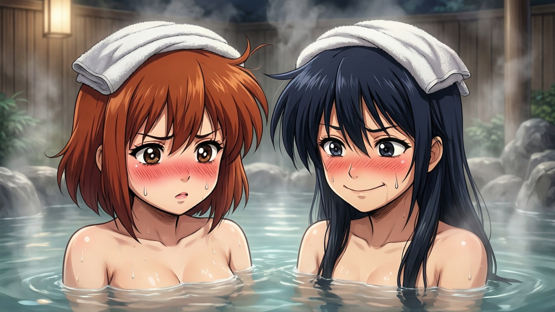 Hot Spring Surprise 壁紙 — 兩個頭上裹著毛巾的動漫女孩在蒸氣騰騰的溫泉中臉紅出汗，周圍是岩石和木牆。