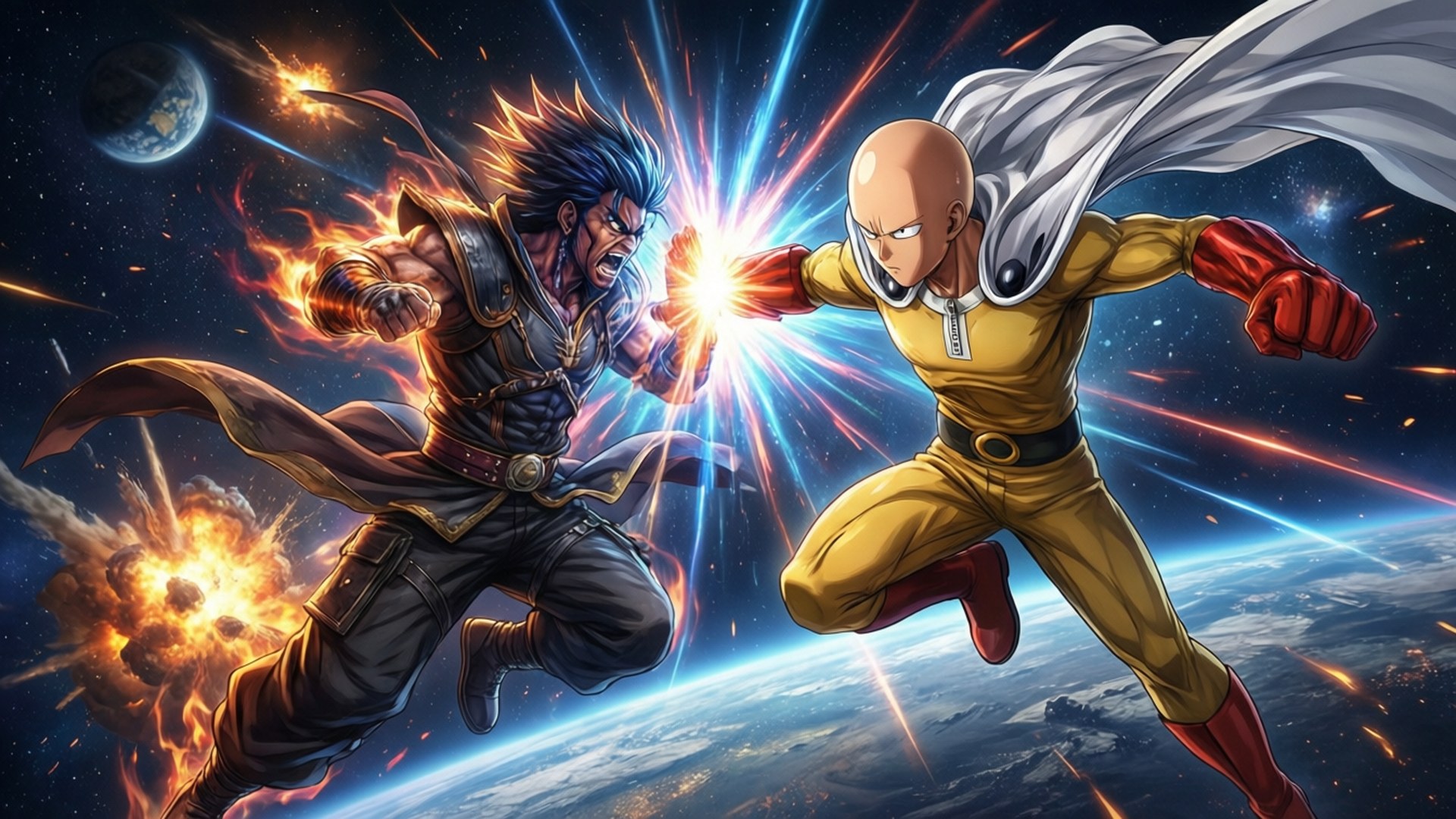 Final Battle with Boros 壁紙 — 兩位動漫英雄在太空對決，火焰拳頭在地球曲線上爆炸。