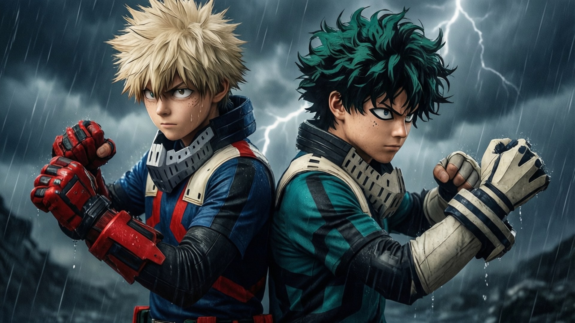 Rivals United in Rain 壁紙 — 兩個動漫英雄在暴風雨中背靠背站立，身後閃電交加，兩人都握緊拳頭準備戰鬥。