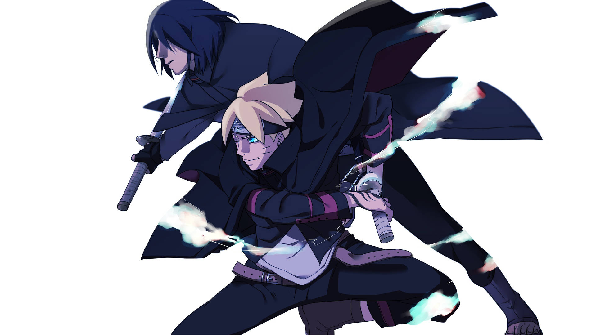 兩名動漫忍者戰士以發光查克拉刀戰鬥。 — Sasuke 壁紙