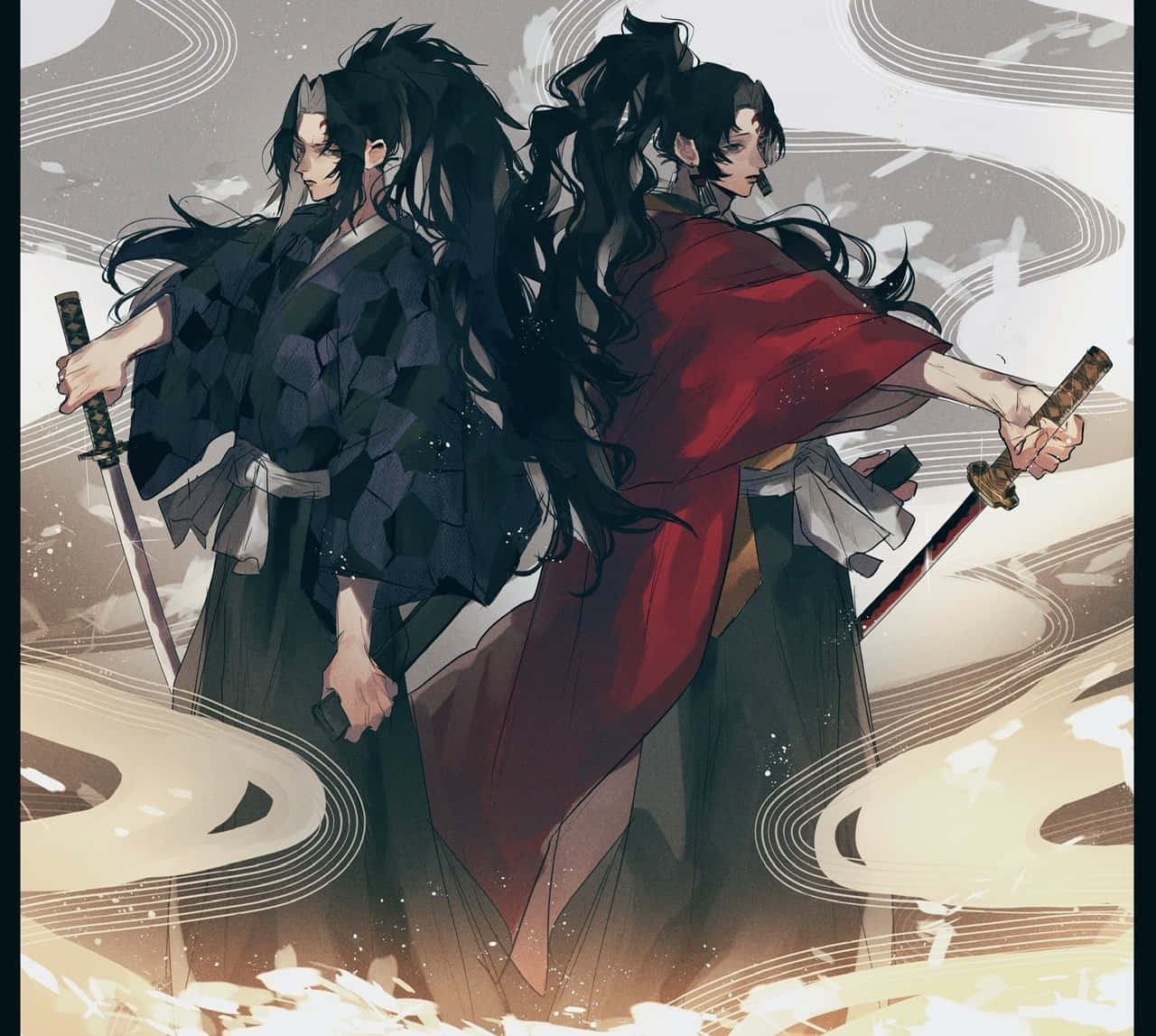  壁紙 — 兩位長黑髮的動漫武士背靠背站立，手持劍，背景是旋轉的抽象圖案。