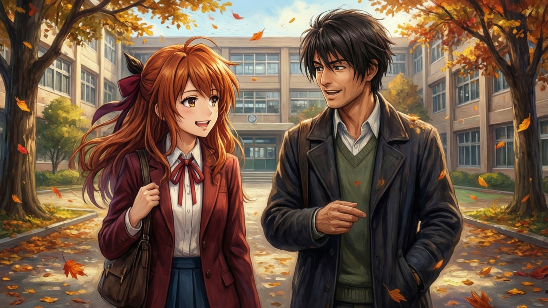 Autumn Walk with Friends 壁紙 — 兩個動漫學生在校園小徑上，在飄落的秋葉下大笑。