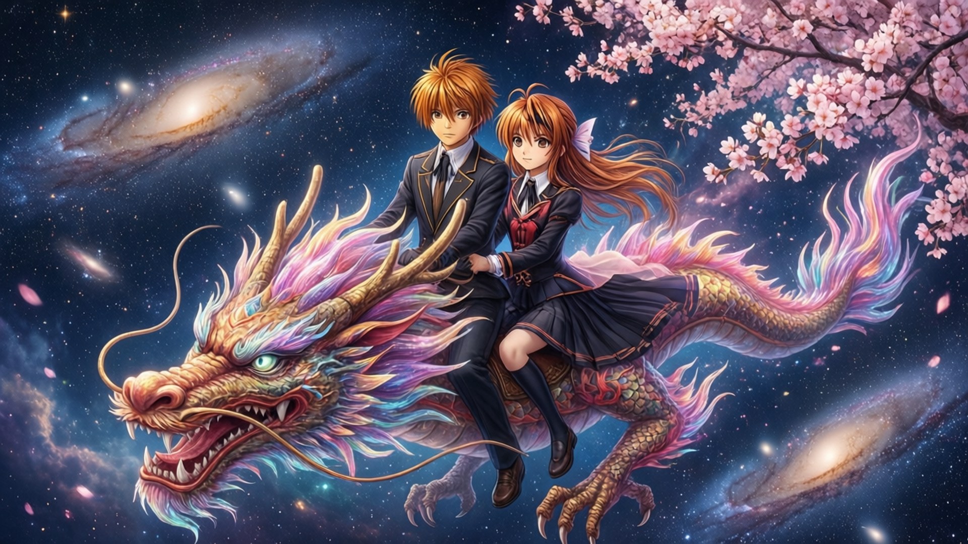 Celestial Journey 壁紙 — 兩名穿著校服的動漫學生騎著一條充滿活力的宇宙龍，穿越星光燦爛的銀河，櫻花飄落。