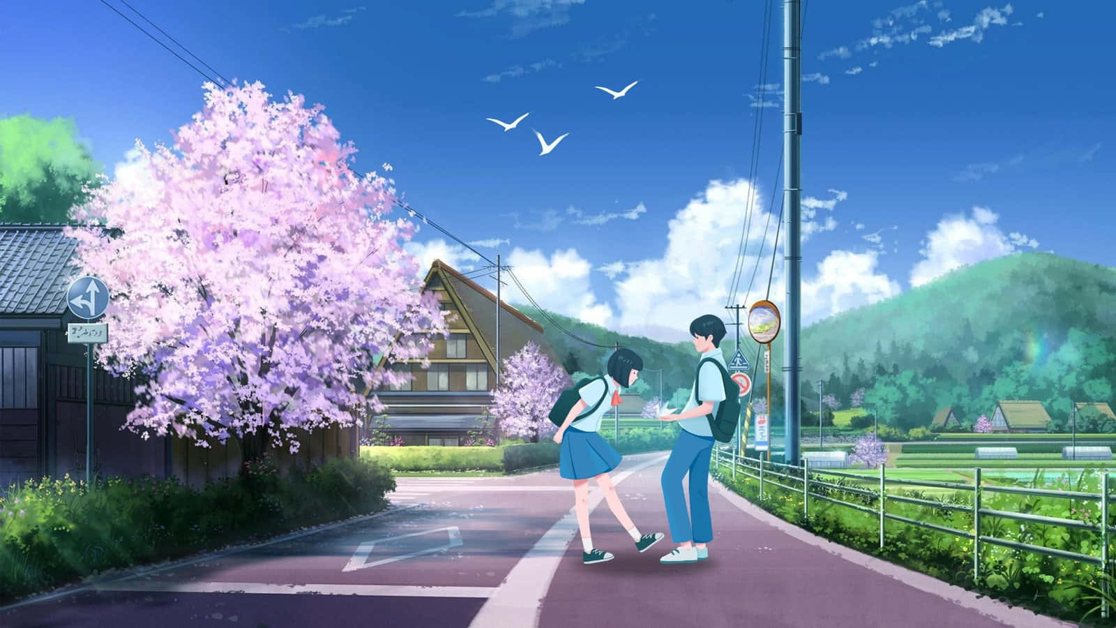  壁紙 — 兩名動漫學生在充滿活力的櫻花樹下沿著鄉村道路行走，鳥兒在頭頂飛翔。
