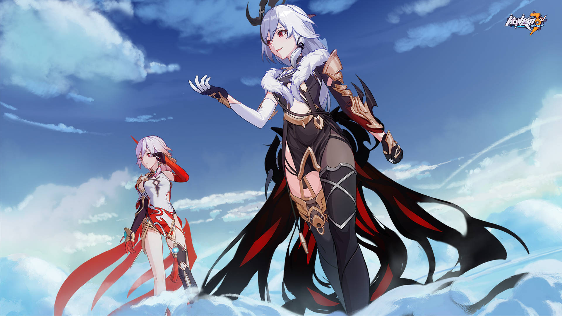 兩個有角的動漫女孩，穿著紅色和黑色衣服，站在雲上。 — 崩壞：星穹鐵道 壁紙