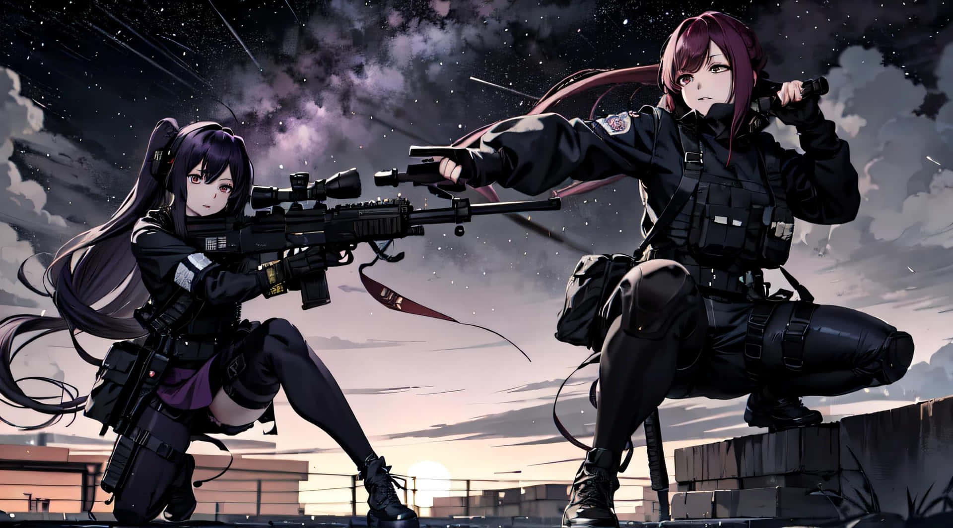  壁紙 — 兩名動漫風格的女兵穿著戰術裝備，在佈滿雲層和星星的戲劇性暮色天空下瞄準武器。