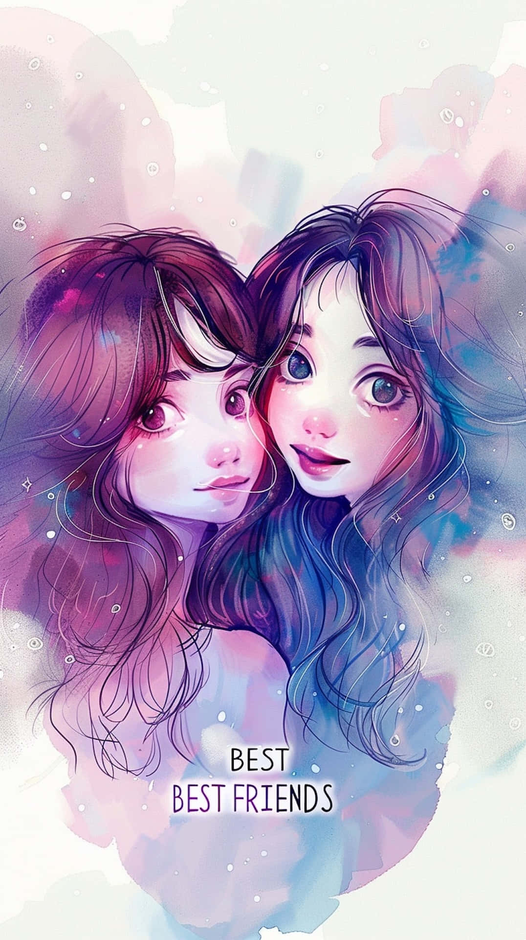  壁紙 — 兩個動漫風格的女孩，長髮飄逸，在柔和粉彩水彩背景前溫暖擁抱。