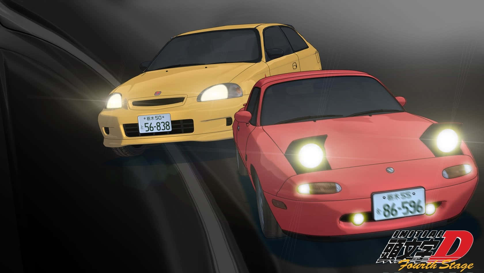 兩輛動漫車在夜間行駛，車頭燈明亮。 — 頭文字D 壁紙