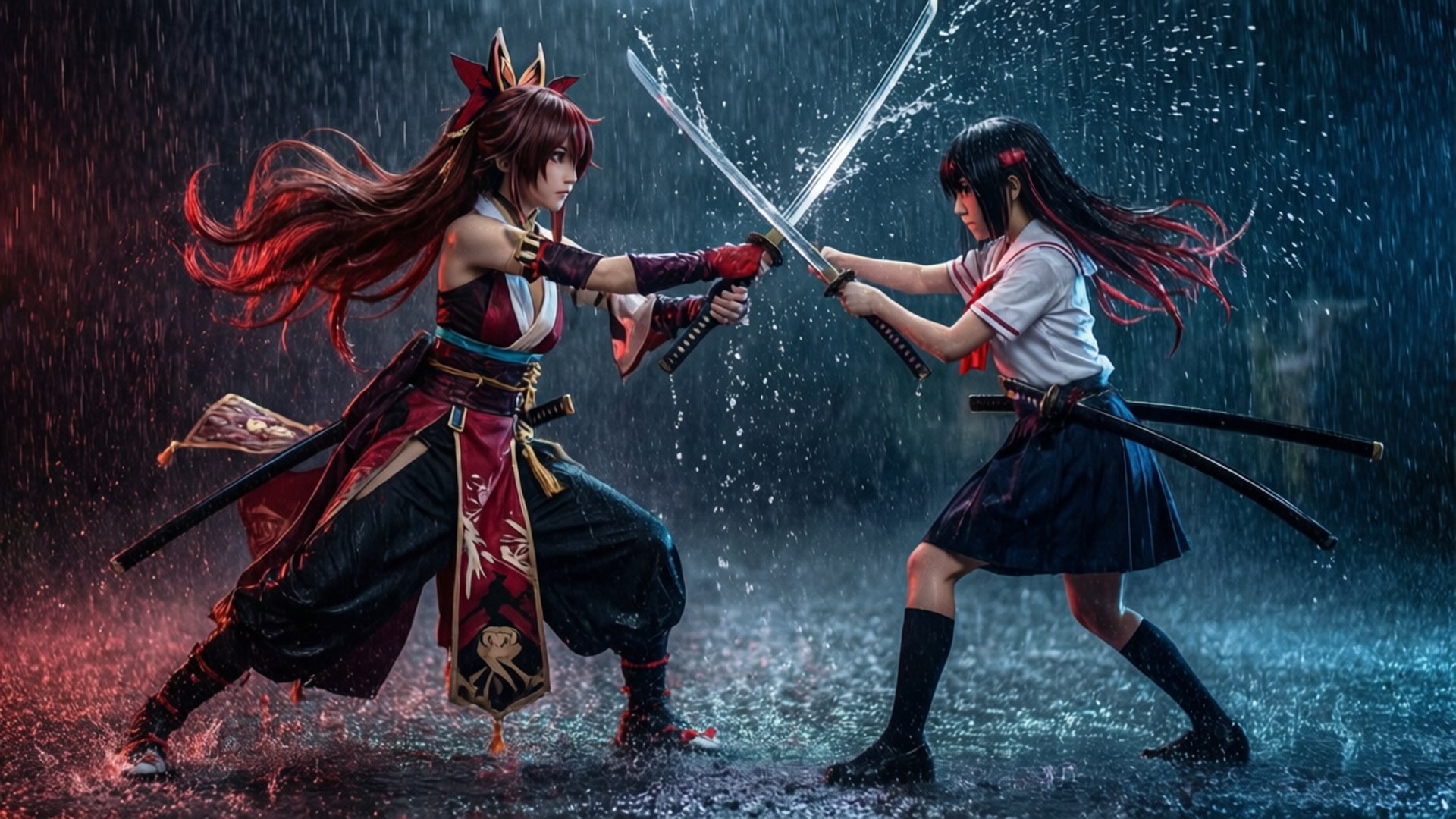Ryuuko and Satsuki Duel in Rain 壁紙 — 兩個動漫風格的戰士在雨水浸濕的城市小巷中揮劍交鋒，伴隨著發光的紅色和藍色燈光。