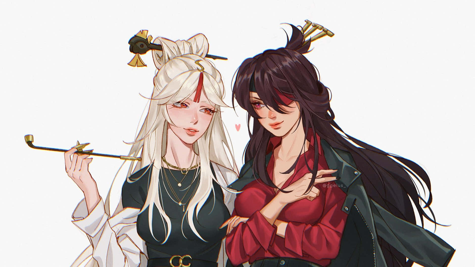 Genshin Impact Ningguang 桌布 壁紙 — 兩位動漫風格女性，髮色和服裝各異，在純色背景前緊密擺姿勢，一位手持煙斗，另一位雙臂交叉。
