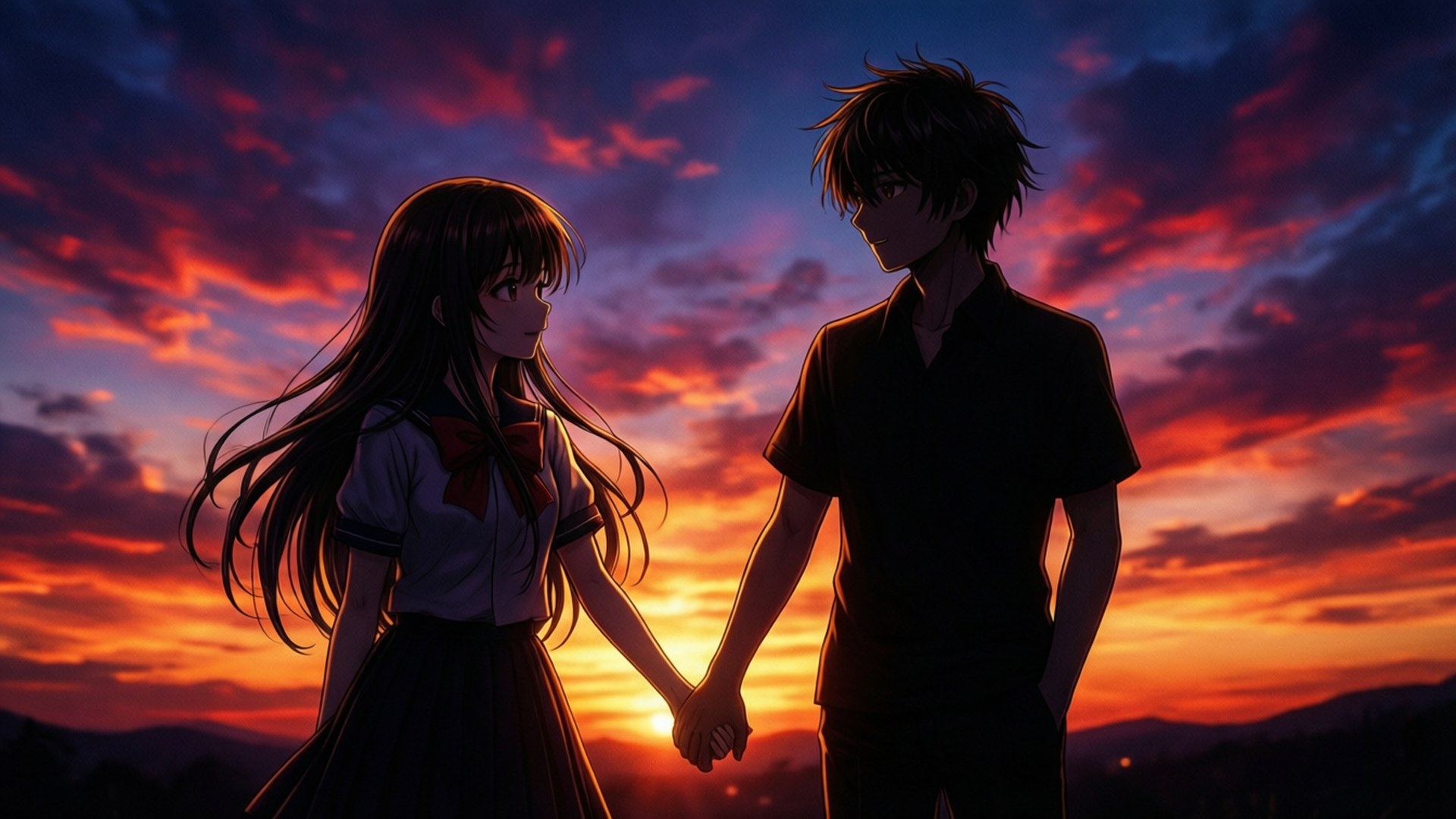 Silhouette Sunset 壁紙 — 兩個動漫青少年在火紅的夕陽天空下牽手，天空中有旋轉的紅色、橙色和紫色雲彩。