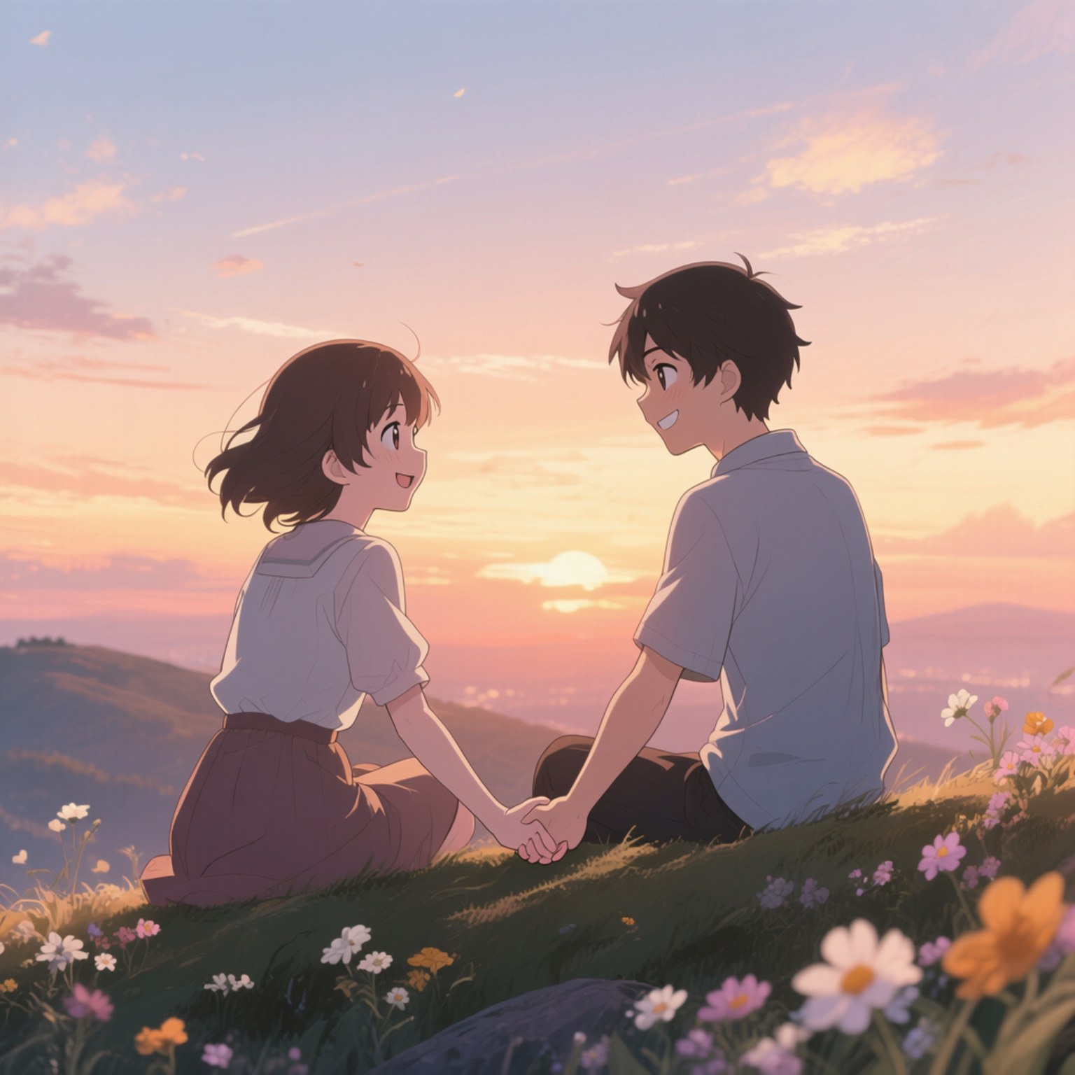 Tatsumi and Mine Romance 壁紙 — 兩個動漫青少年手牽手，在長滿草的山坡上微笑對望，夕陽在他們身後落下。