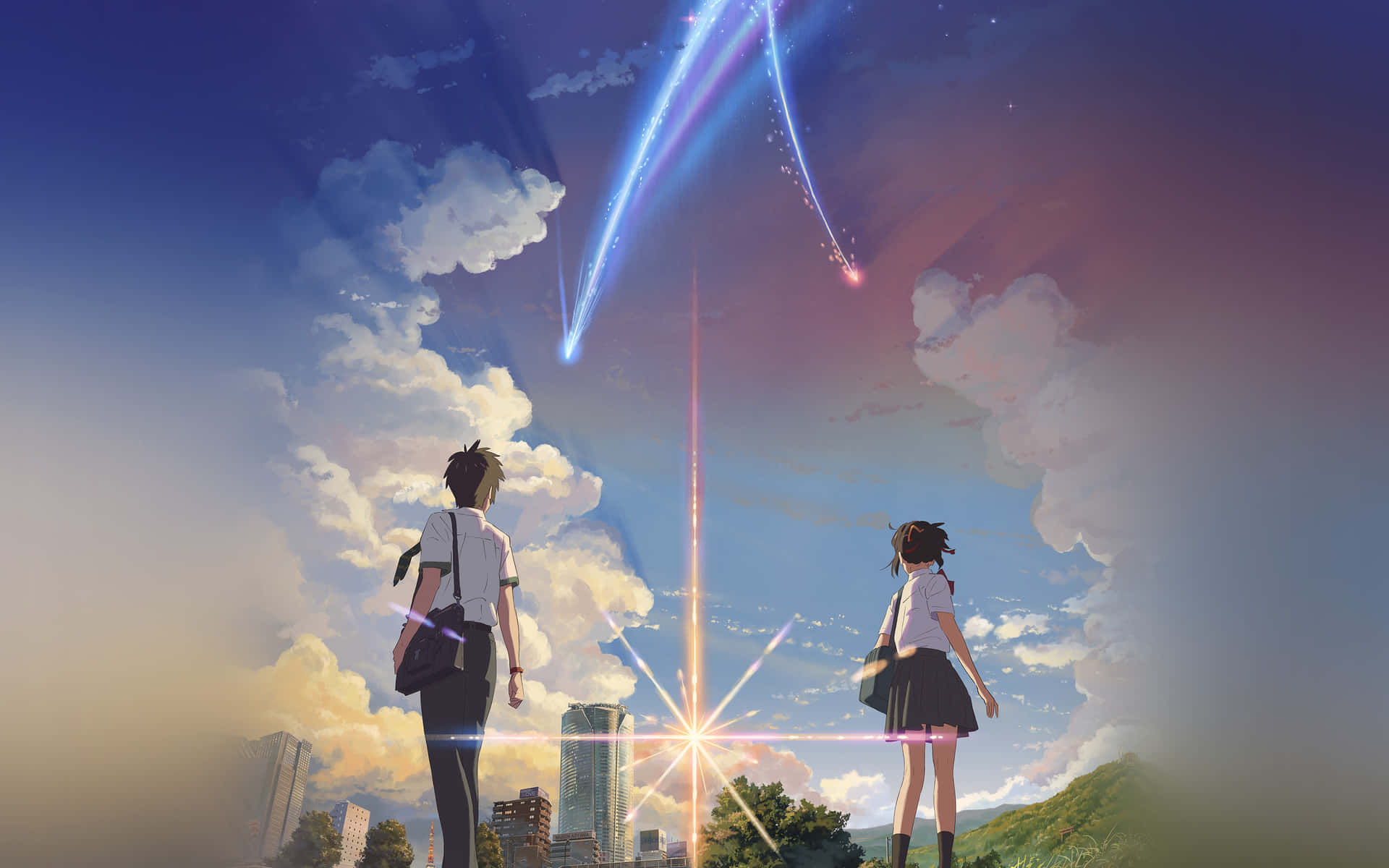  壁紙 — 兩個穿著校服的動漫青少年仰望城市景觀上空，閃爍的宇宙軌跡劃過充滿活力的暮色天空。