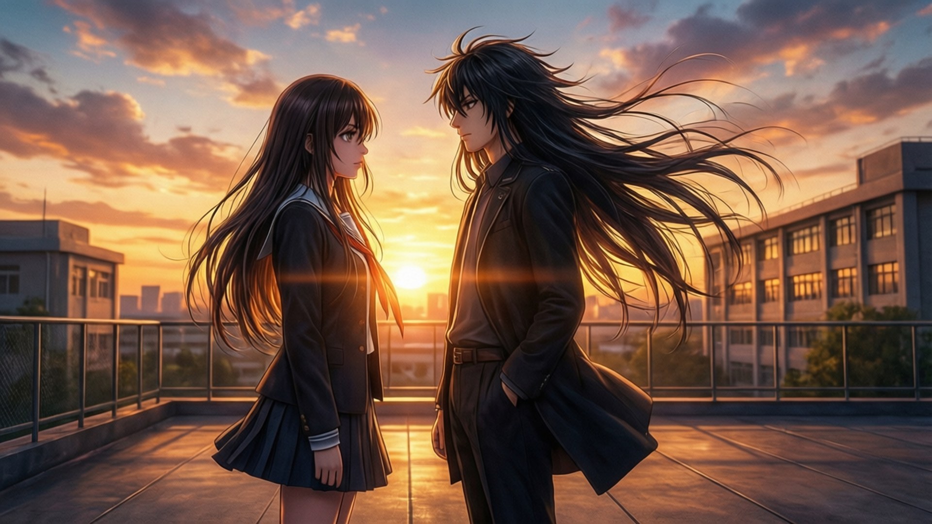 Rooftop Sunset Romance 壁紙 — 兩個穿著校服的動漫青少年在屋頂上相對而立，身後金色的夕陽光芒閃耀。
