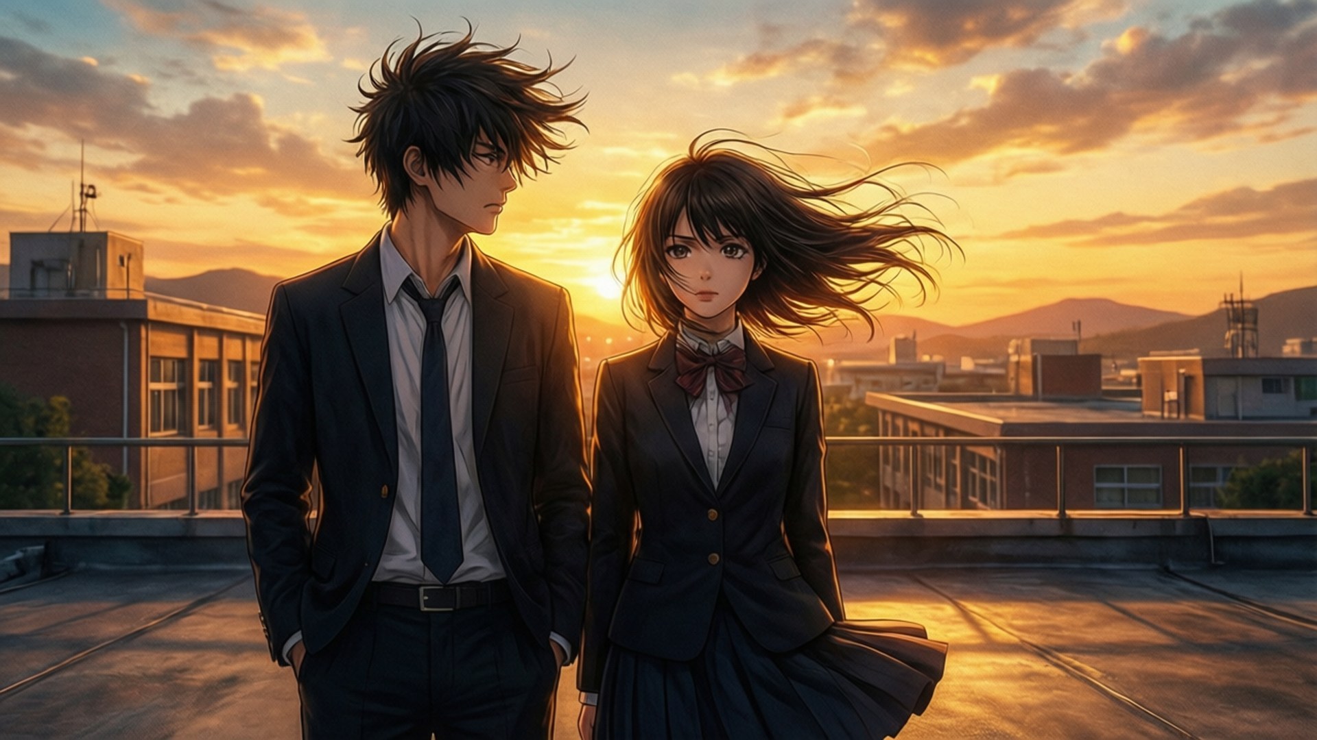 Rooftop Sunset Romance 壁紙 — 兩個穿著校服的動漫青少年在日落時站在屋頂上，風吹動他們的頭髮，城市建築和山脈在溫暖的光線中閃耀。