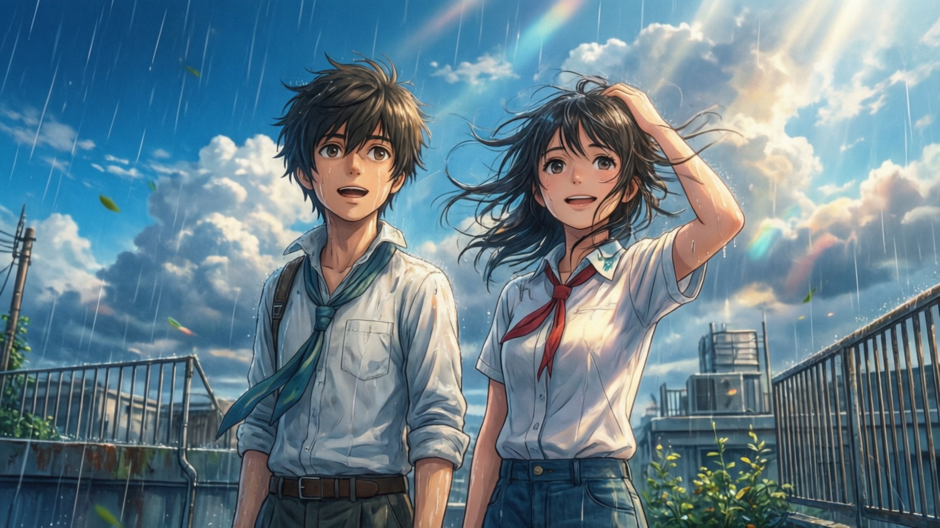 Rooftop Hope Weathering 壁紙 — 兩個穿著校服的動漫青少年站在充滿活力的藍天下，雨水落下，彩虹在他們身後拱起。