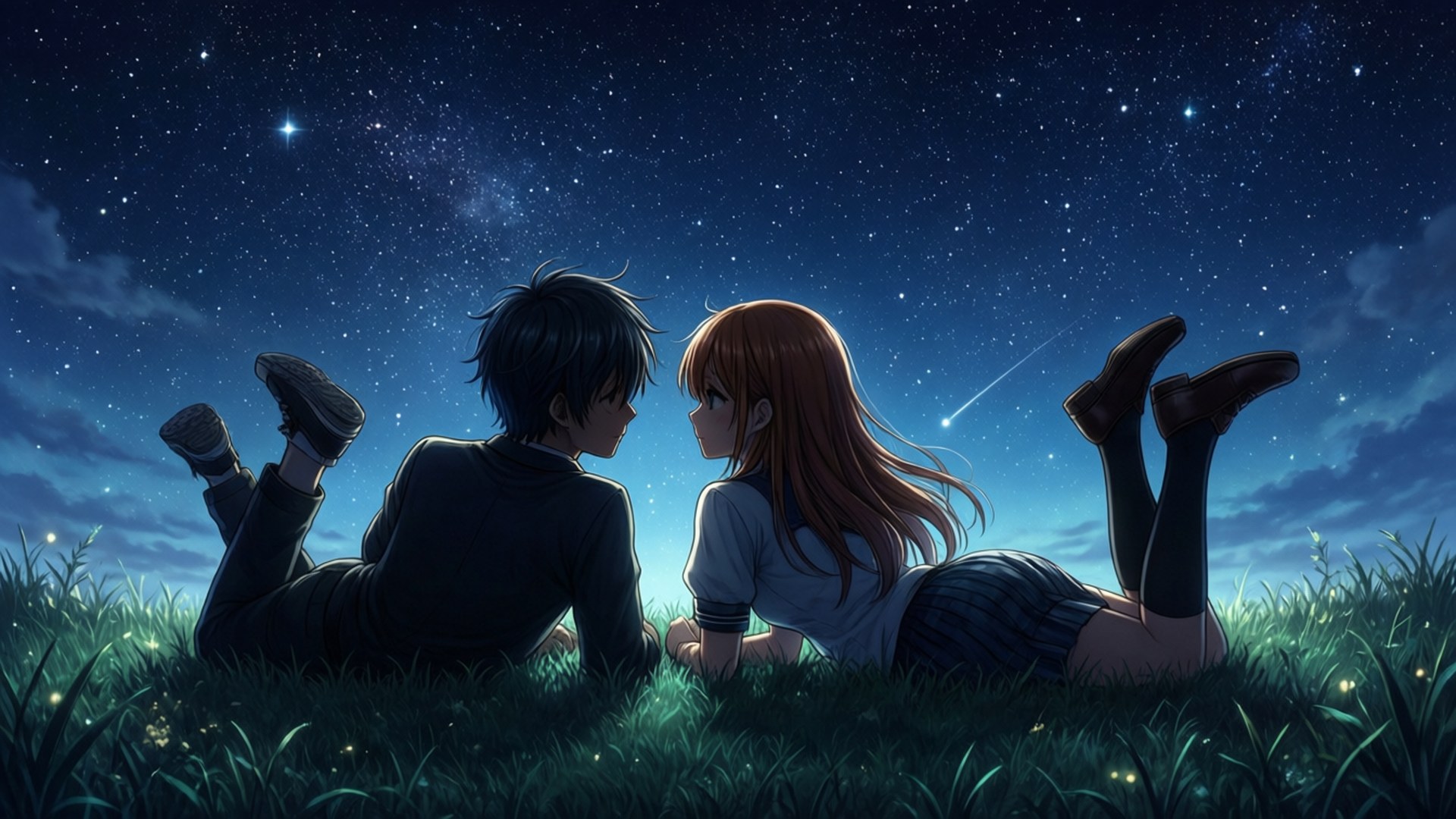 Stargazing Couple 壁紙 — 兩個動漫青少年躺在草地上，凝視著繁星點點的夜空，一顆流星劃過頭頂。