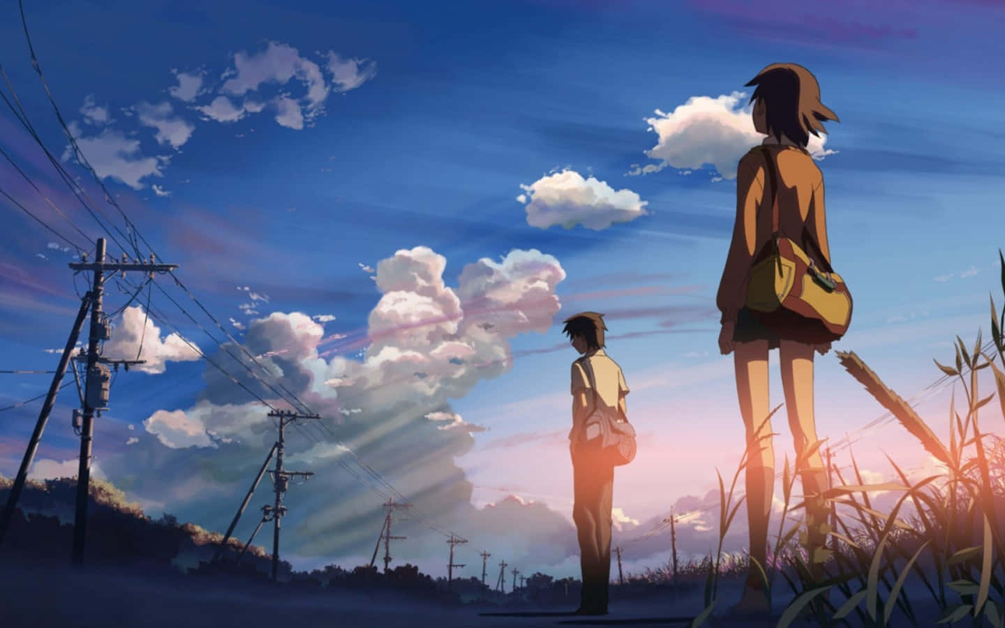  壁紙 — 兩個動漫青少年站在夕陽下的草地上，凝視著電線和蓬鬆的雲朵，背景是充滿活力的藍天。