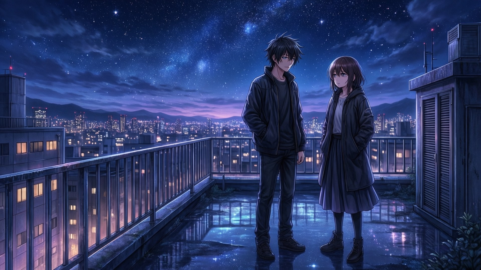 爆漫王 桌布 壁紙 — 兩個動漫青少年站在雨中的屋頂上，在星空下俯瞰發光的城市景觀。