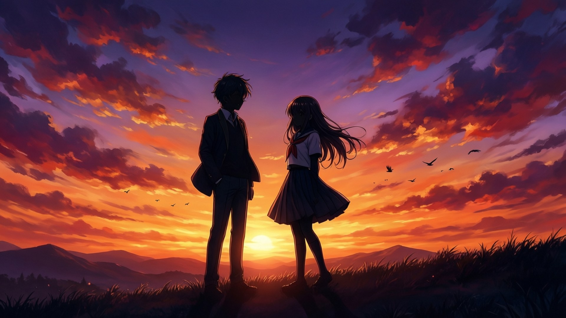 Sunset Silhouette 壁紙 — 兩個動漫青少年以剪影形式站在火紅的日落天空前，鳥兒在頭頂飛翔。