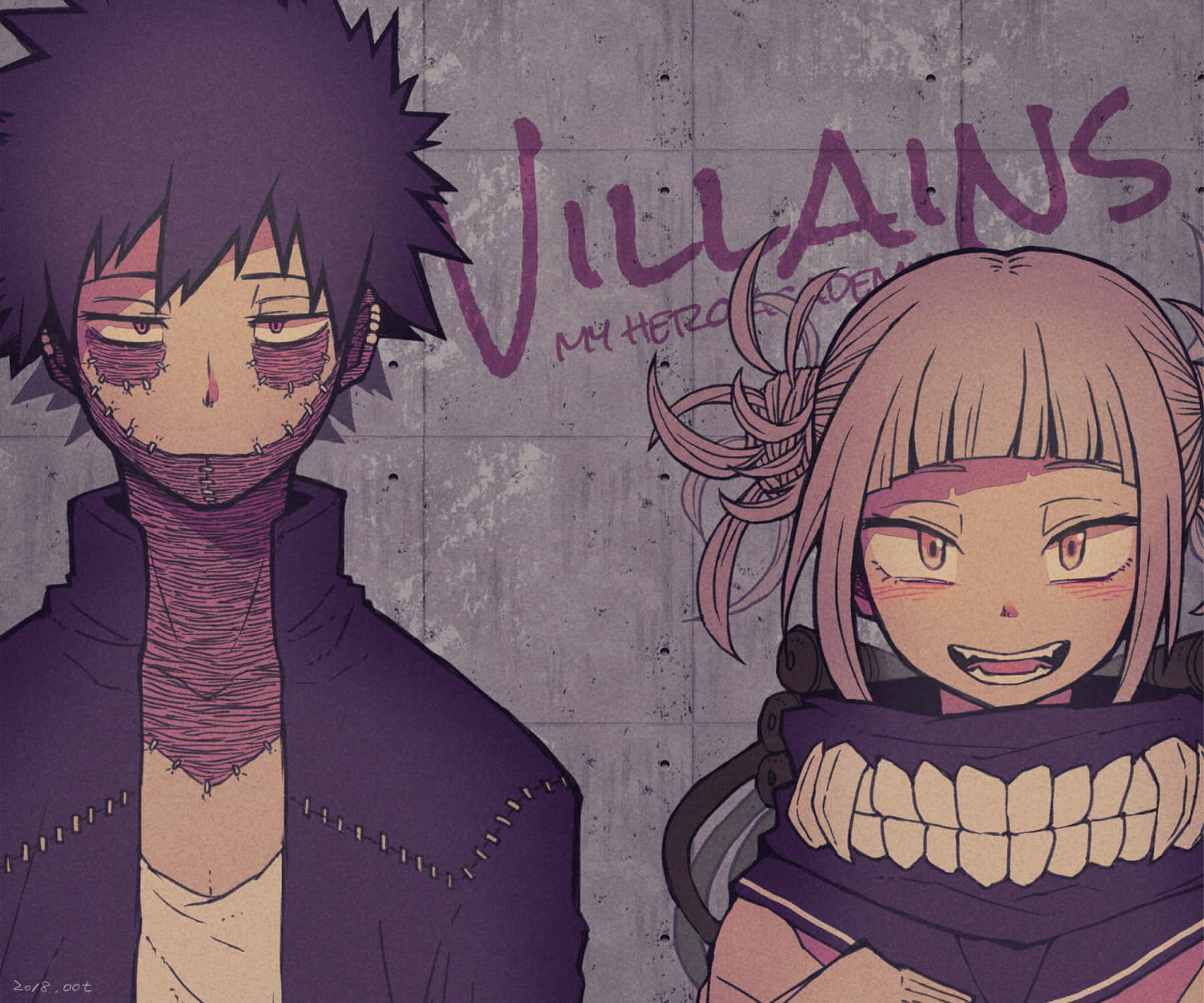  壁紙 — 兩個動畫反派，臉上縫合，身穿紫色服裝，站在一面寫有「VILLAINS」塗鴉的混凝土牆前。
