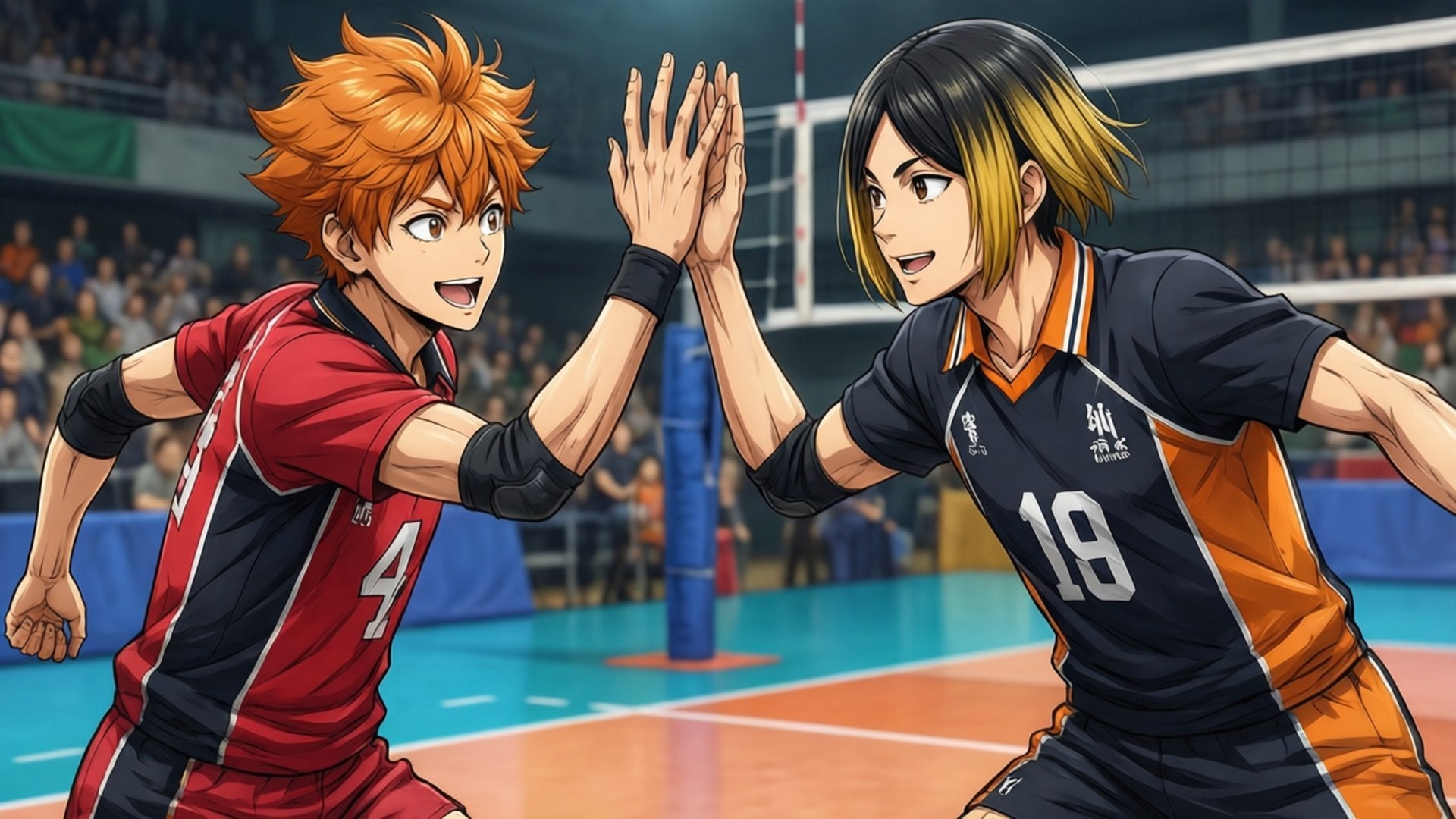Hinata and Kageyama High Five 壁紙 — 兩名身穿紅黑色制服的動漫排球運動員在球場上擊掌，背後有歡呼的人群。