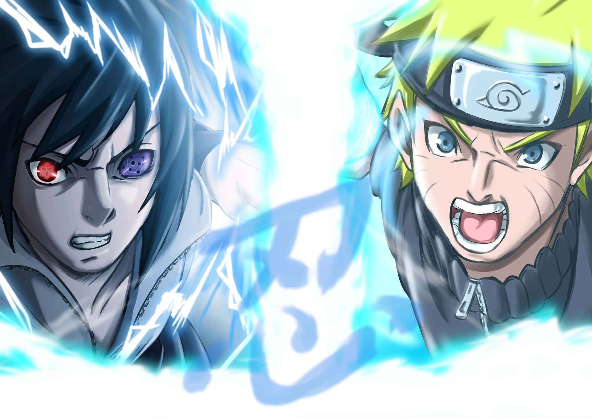 兩位動漫忍者角色在強大的能量戰鬥中，眼睛發光。 — Sasuke 壁紙