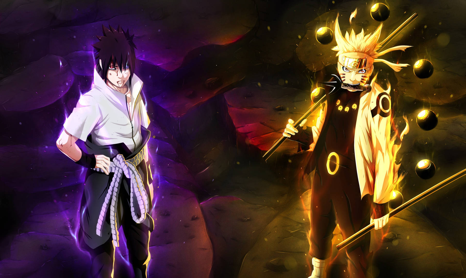 兩位動漫忍者戰士在黑暗洞穴中，帶著發光查克拉和火焰戰鬥。 — Sasuke 壁紙