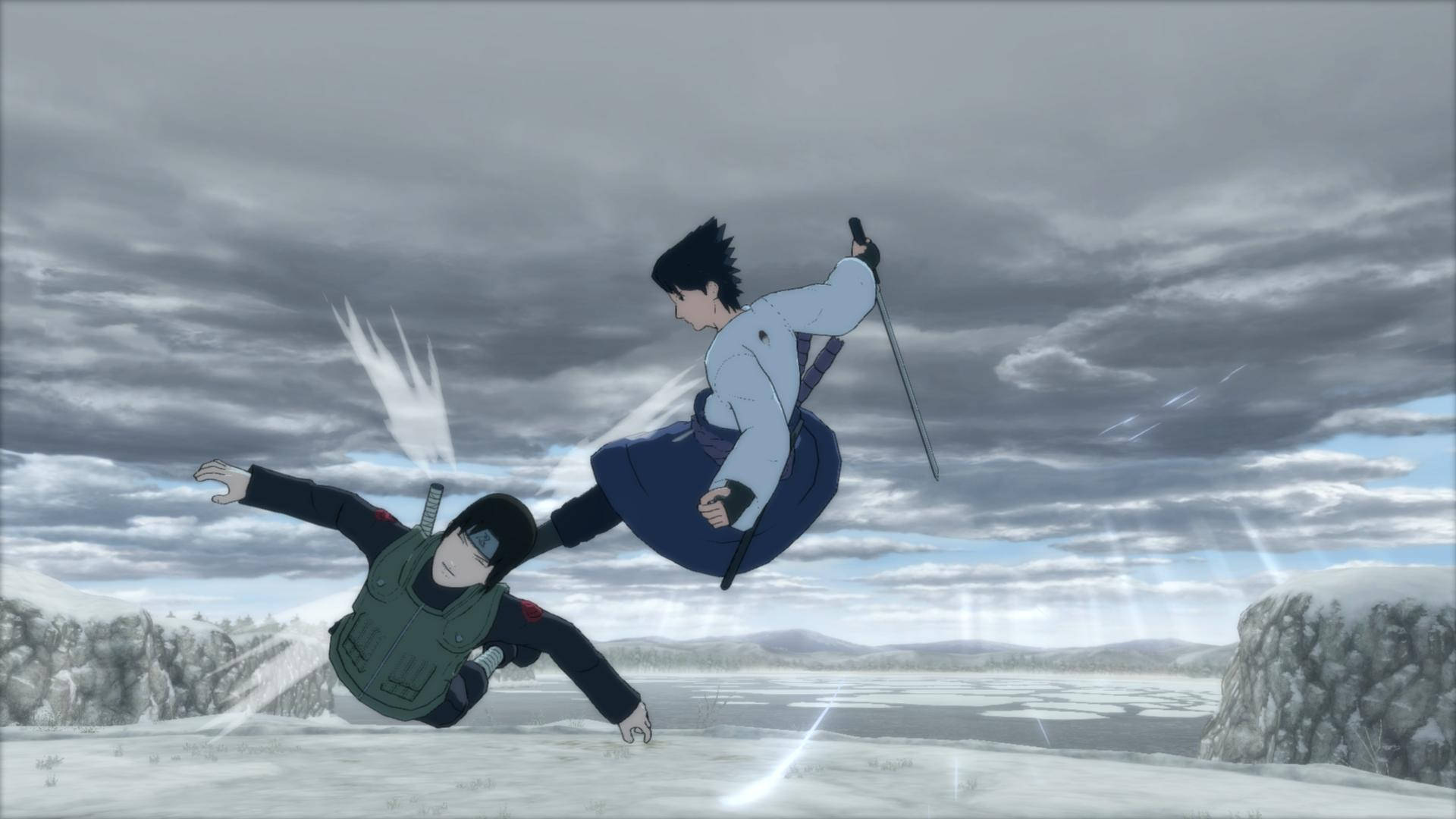 兩個動漫戰士在風暴天下，於雪地上空戰鬥。 — Sasuke 壁紙