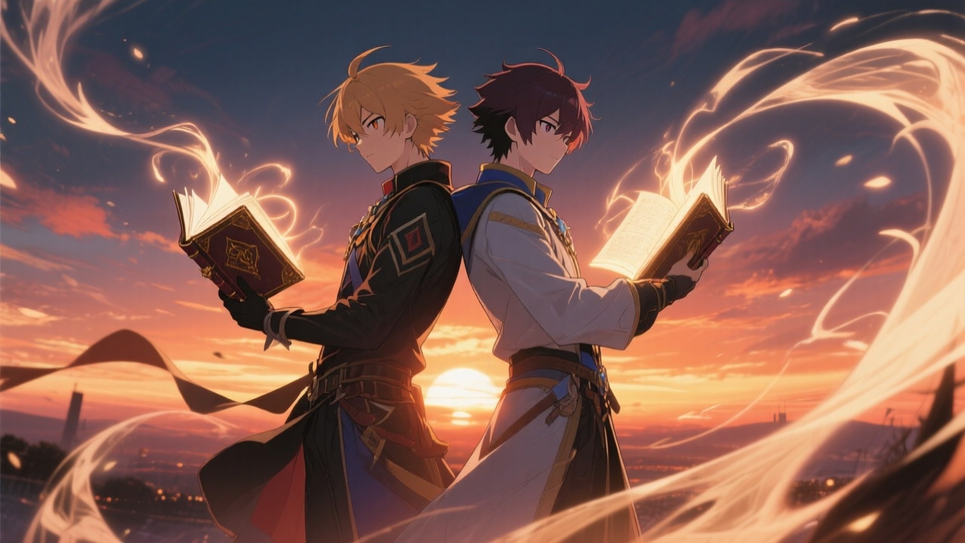 Rival Wizards at Dusk 壁紙 — 兩個動漫風格的戰士背對背站立，手持發光的書本，魔法能量在他們周圍旋轉，背景是熾熱的日落。