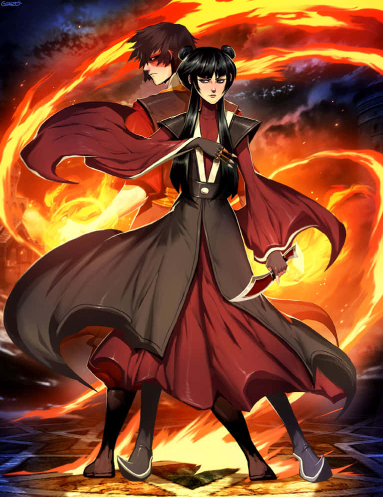 兩位身穿紅黑長袍的動漫戰士站在旋轉的火焰中。 — Fire Emblem Warriors 壁紙