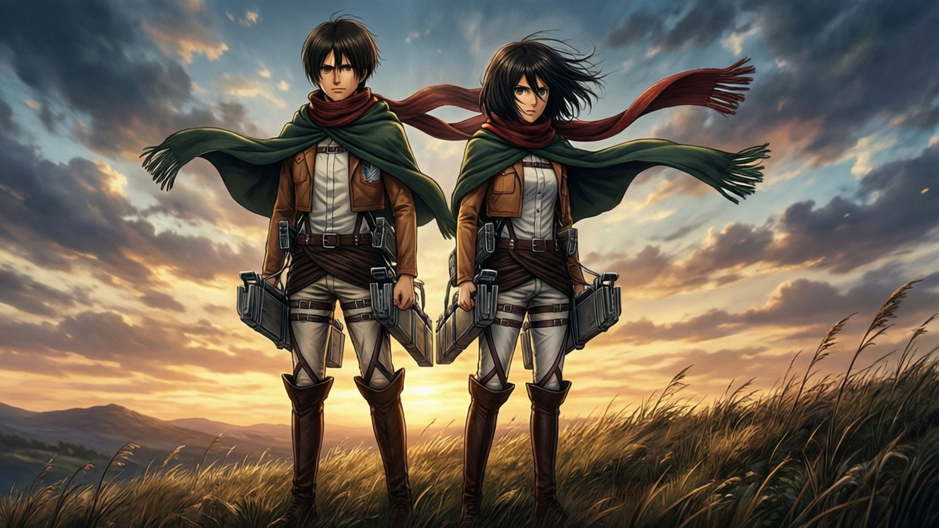 Eren and Mikasa 壁紙 — 兩個動漫戰士身穿裝備並肩站在日落時分的草地上，背後有戲劇性的雲彩。