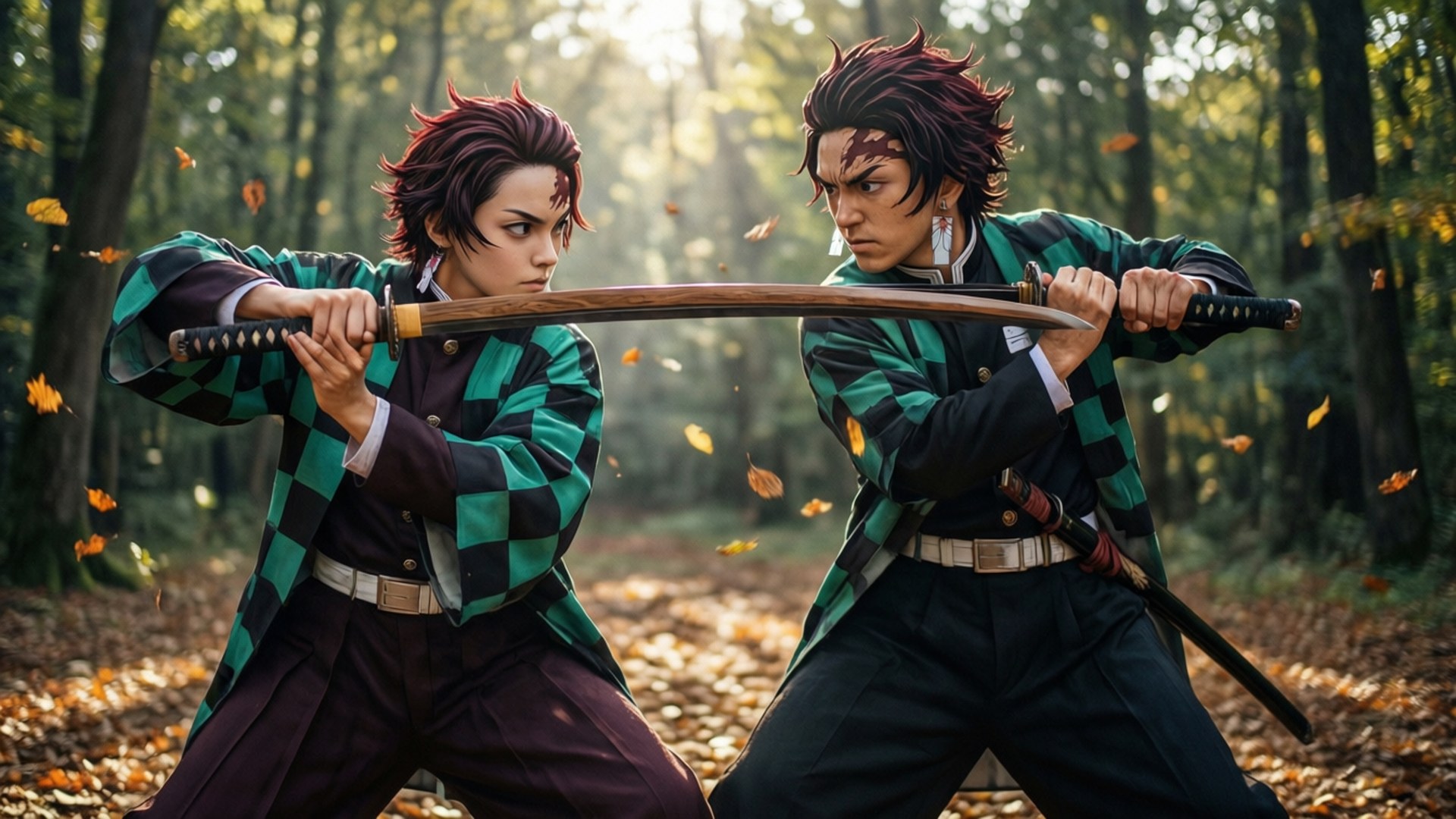 Genya and Muichiro Training 壁紙 — 兩位動漫風格的戰士身穿綠色格紋外套，在陽光明媚的秋日森林中落葉紛飛下交劍。