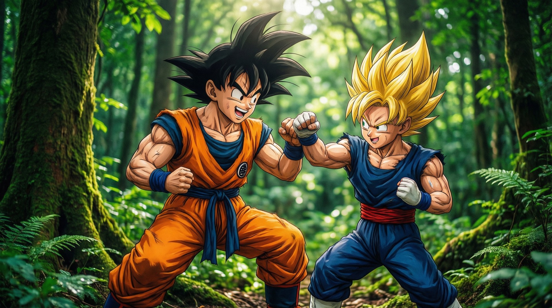 Forest Sparring 壁紙 — 兩名身穿橙色和藍色道服的動漫戰士在陽光普照、長滿苔蘚的森林中拳頭相撞。