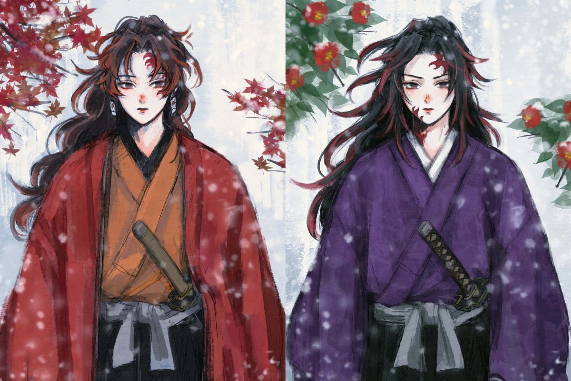  壁紙 — 兩位身穿傳統長袍的動漫戰士在飄雪中並肩而立，周圍有紅楓葉和花朵。