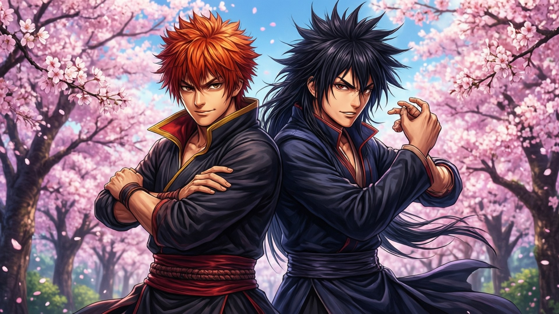 Cherry Blossom Rivals 壁紙 — 兩位動漫戰士背對背站在盛開的粉紅色櫻花樹下，表情堅定。