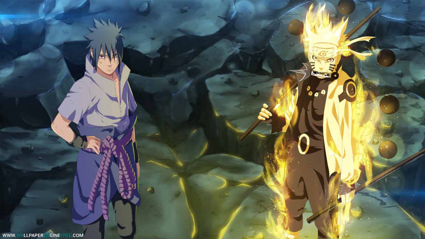 兩個動漫忍者角色在洞穴中，一個被火焰吞噬，另一個冷靜沉著。 — Sasuke 壁紙