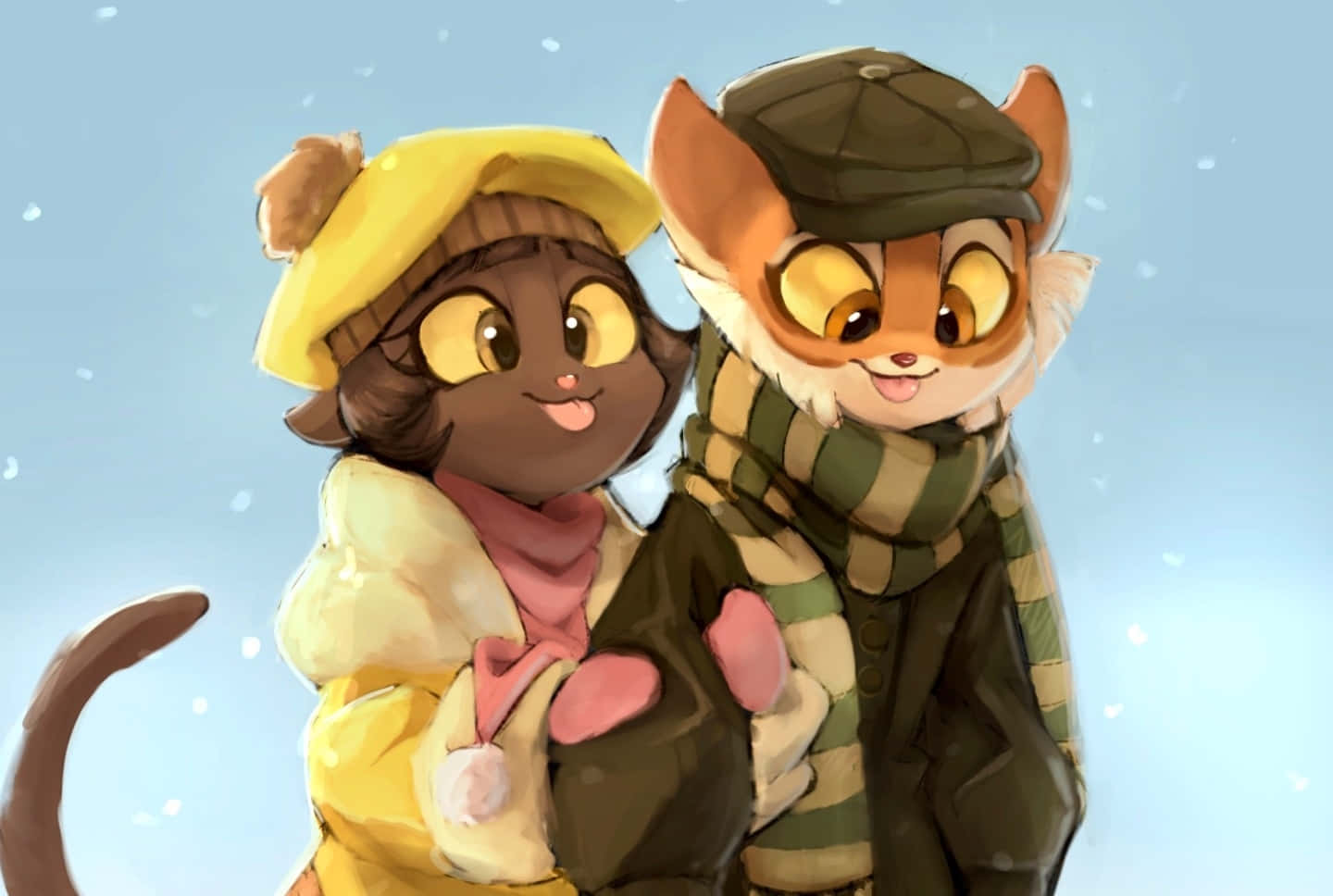  壁紙 — 兩隻擬人化的貓咪穿著冬季外套和帽子，在飄雪的藍色天空下緊靠在一起。