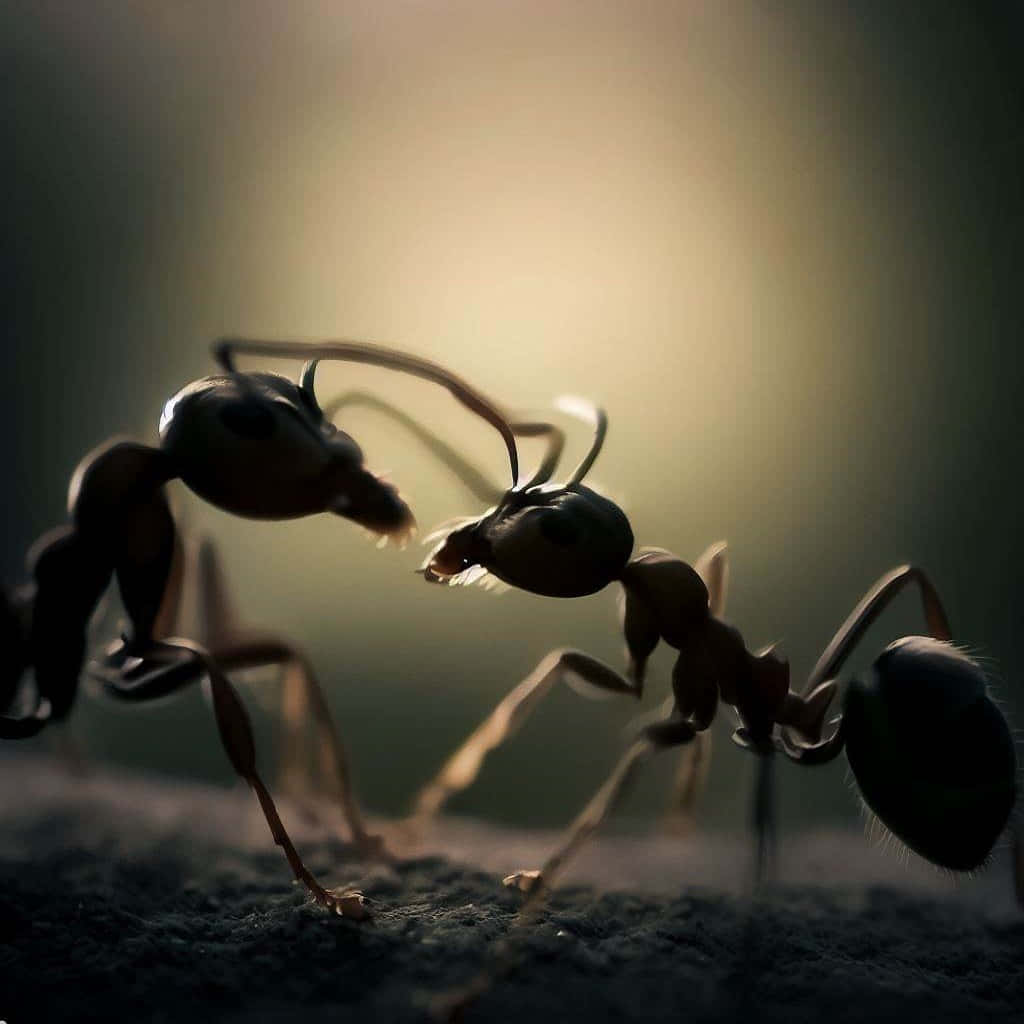  壁紙 — 兩隻螞蟻在戲劇性的微距鏡頭中對峙，柔和背光突顯牠們的細節形態，背景是模糊的泥土色調。