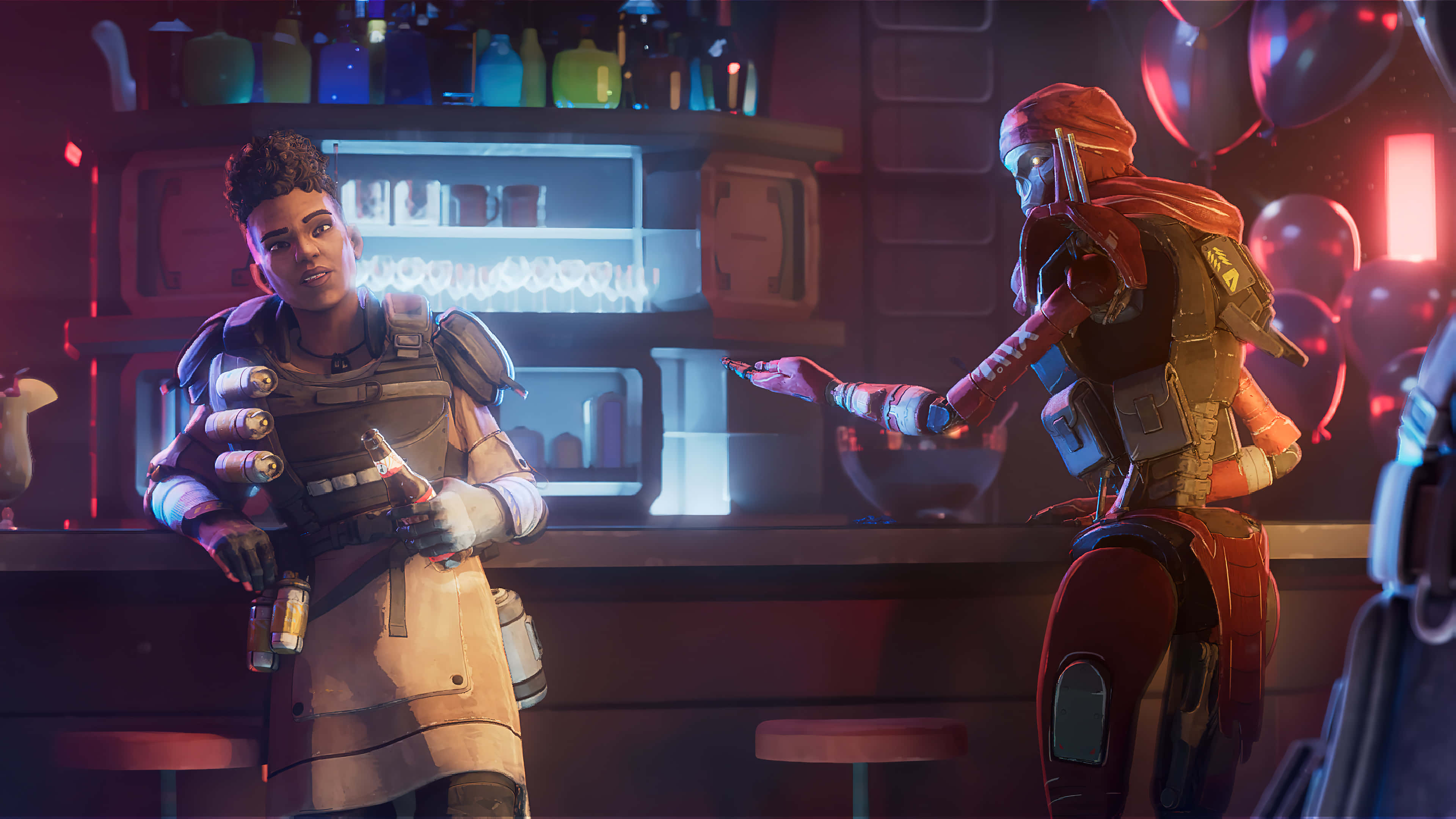 Apex Legends Characters 桌布 壁紙 — 兩個裝甲角色在一個霓虹燈照亮的未來風格酒吧中互動，酒吧有發光的架子和紅色環境燈光。