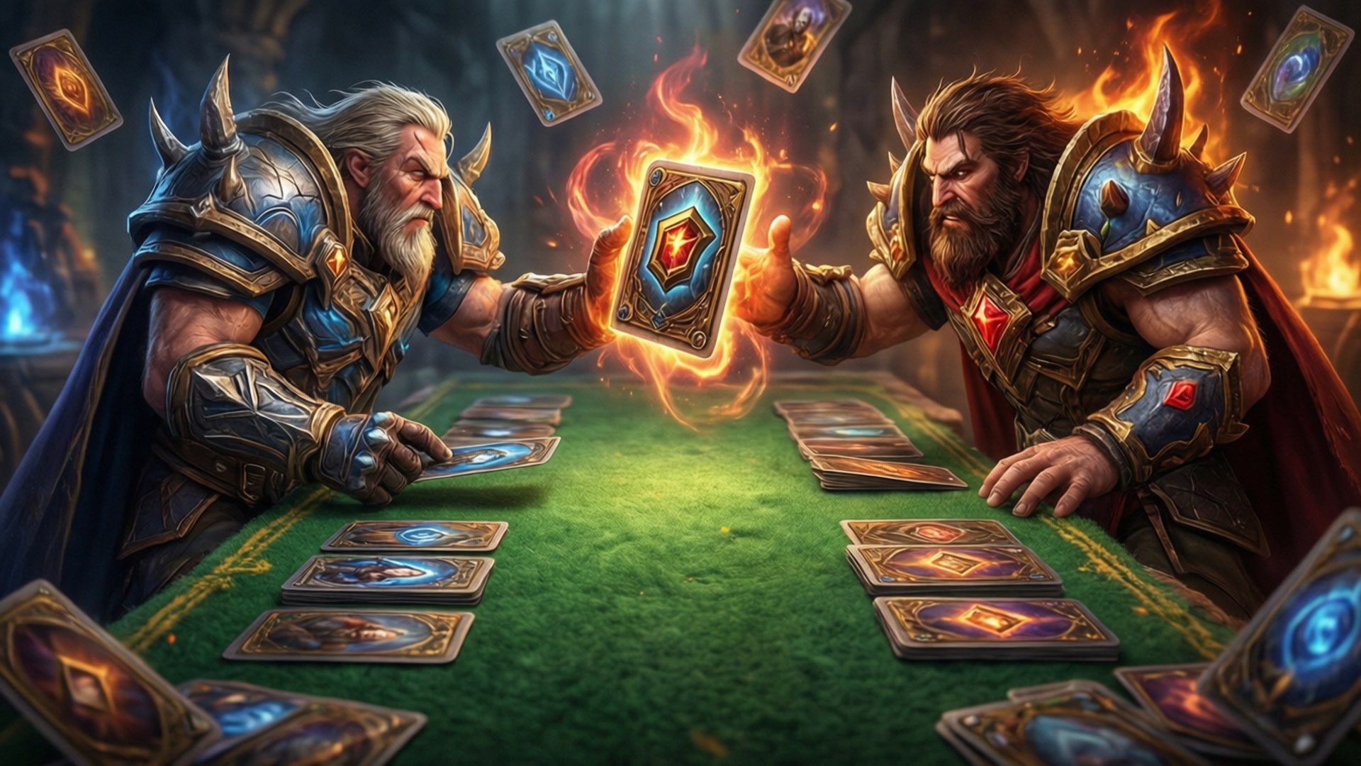 Best Hearthstone 桌布 壁紙 — 兩名身穿盔甲的奇幻戰士在綠色桌子上激烈決鬥，爭奪一張發光的卡牌，場景位於火焰神秘競技場。