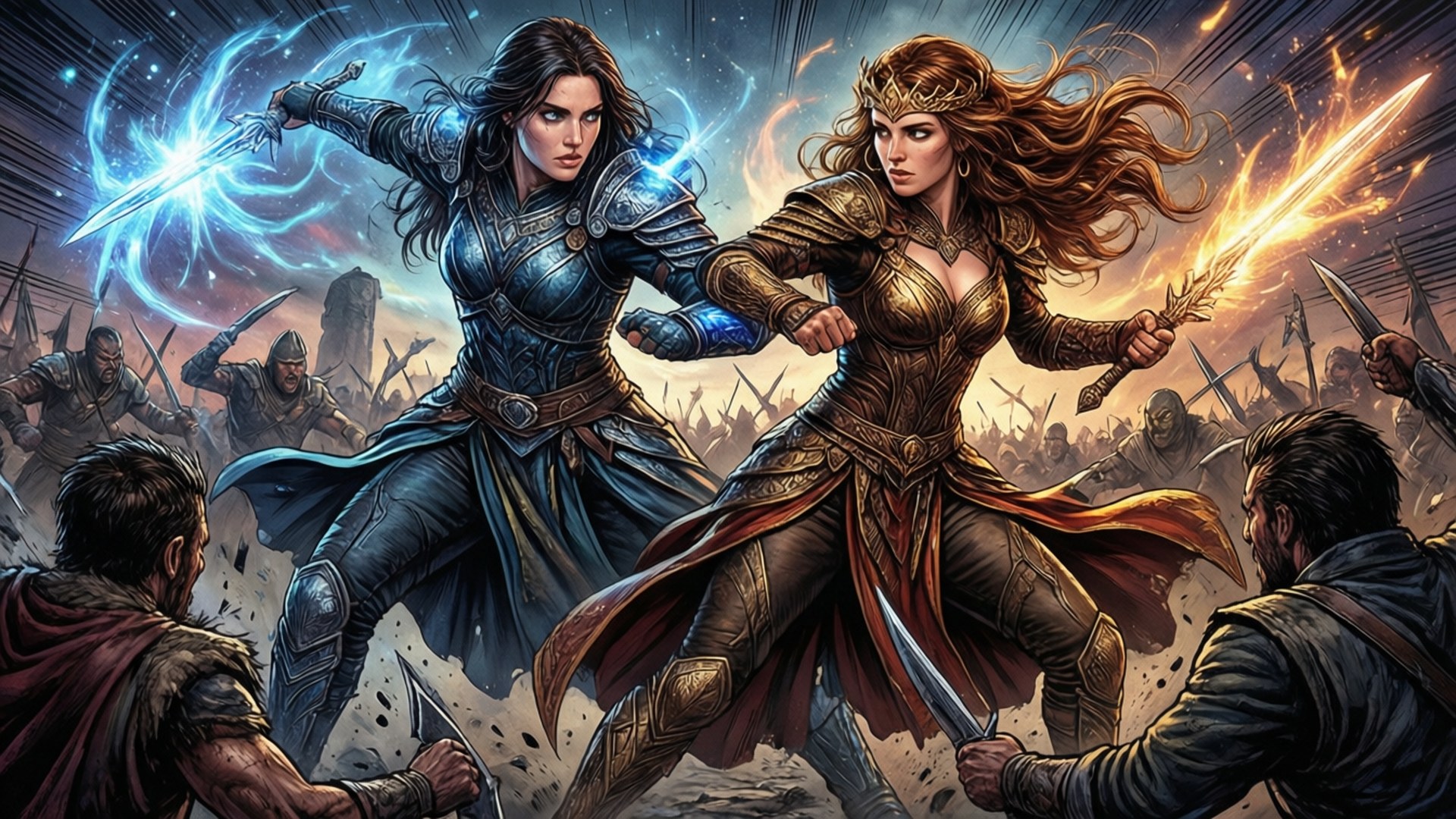 Heroines Battle 壁紙 — 兩名身穿盔甲的女戰士在熾熱的戰場上揮劍交鋒，周圍有發光的魔法能量和士兵。