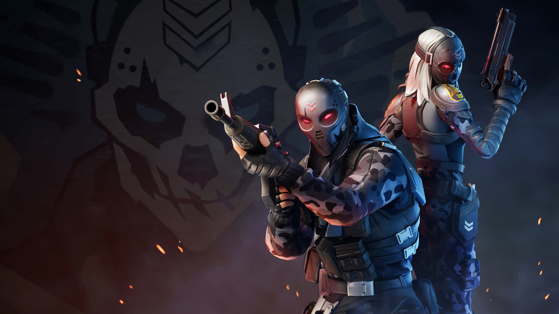 兩名戴面具的士兵身穿戰鬥裝備，眼睛發出紅光，瞄準武器。 — Fortnite 壁紙