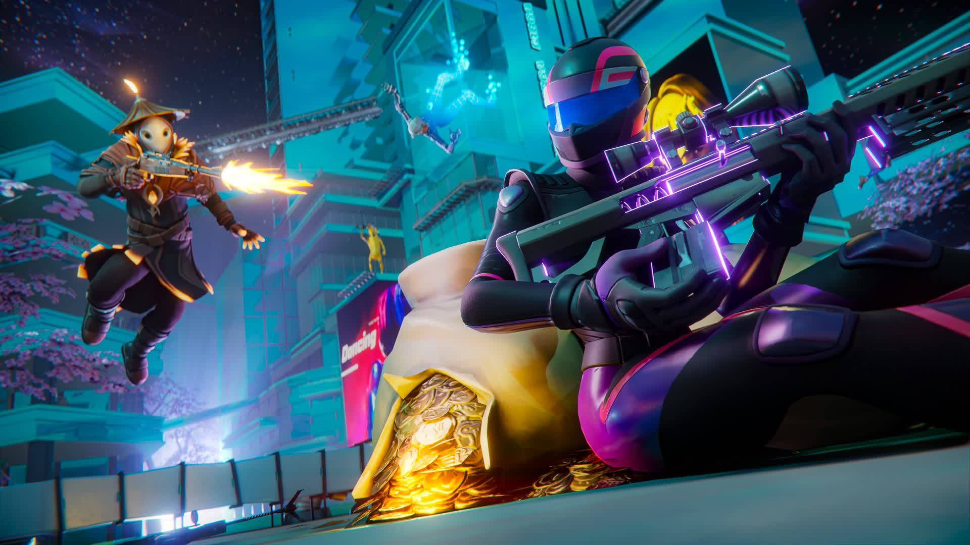 兩名身穿未來裝備的玩家在夜晚的霓虹城市中用發光武器射擊。 — Fortnite 壁紙