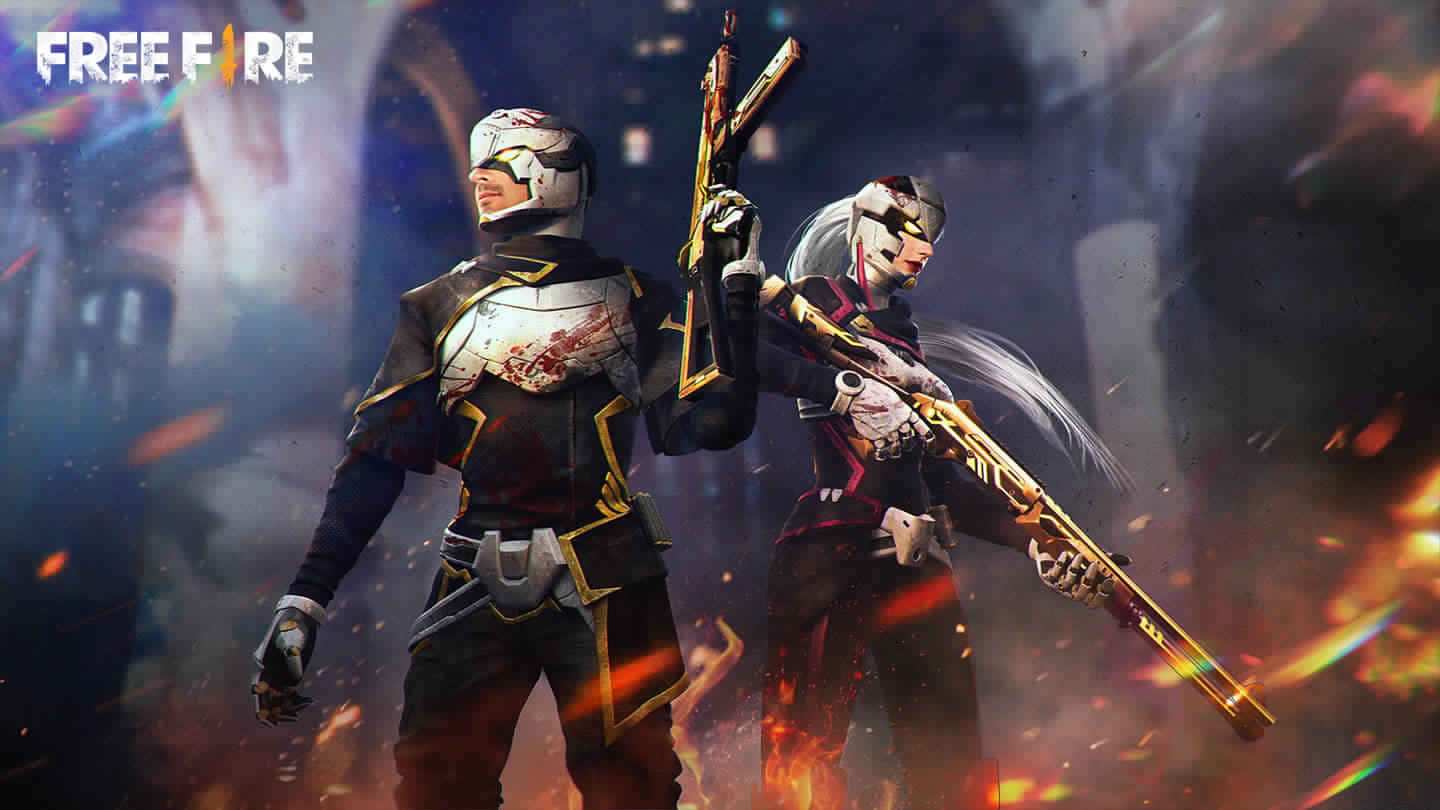 來自 Free Fire 的兩名身穿裝甲的玩家在熾熱的戰鬥場景中手持步槍。 — Free Fire 壁紙