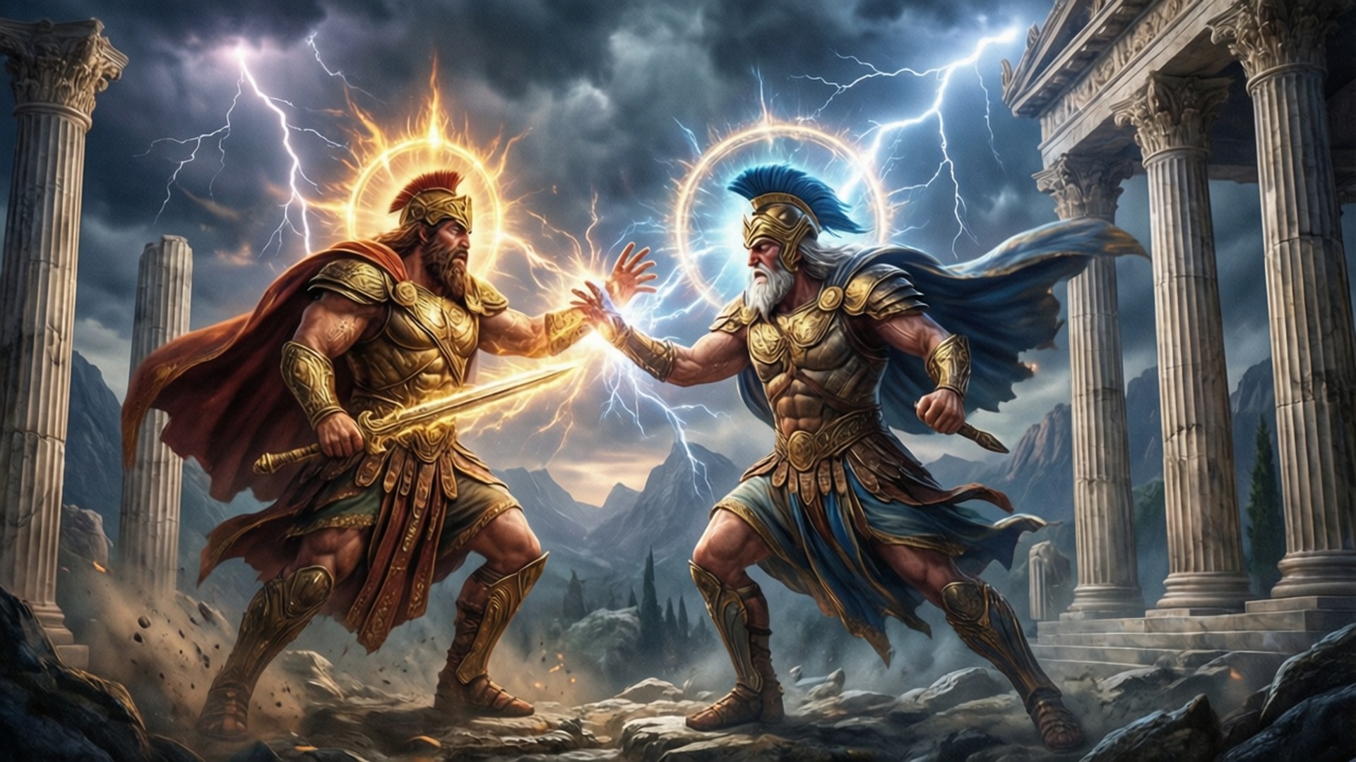 Epic Gods Clash 壁紙 — 兩位身穿鎧甲的神明在風暴中的寺廟庭院內交鋒，閃電在他們伸出的雙手之間彎曲。