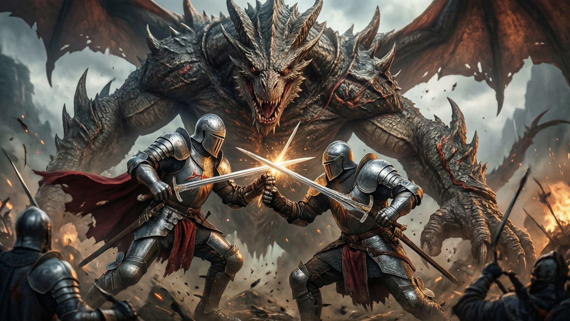 Boss Battle 壁紙 — 兩名身穿鎧甲的騎士在一個多山的戰場上，與一隻巨大的咆哮巨龍進行激烈的劍擊戰鬥。